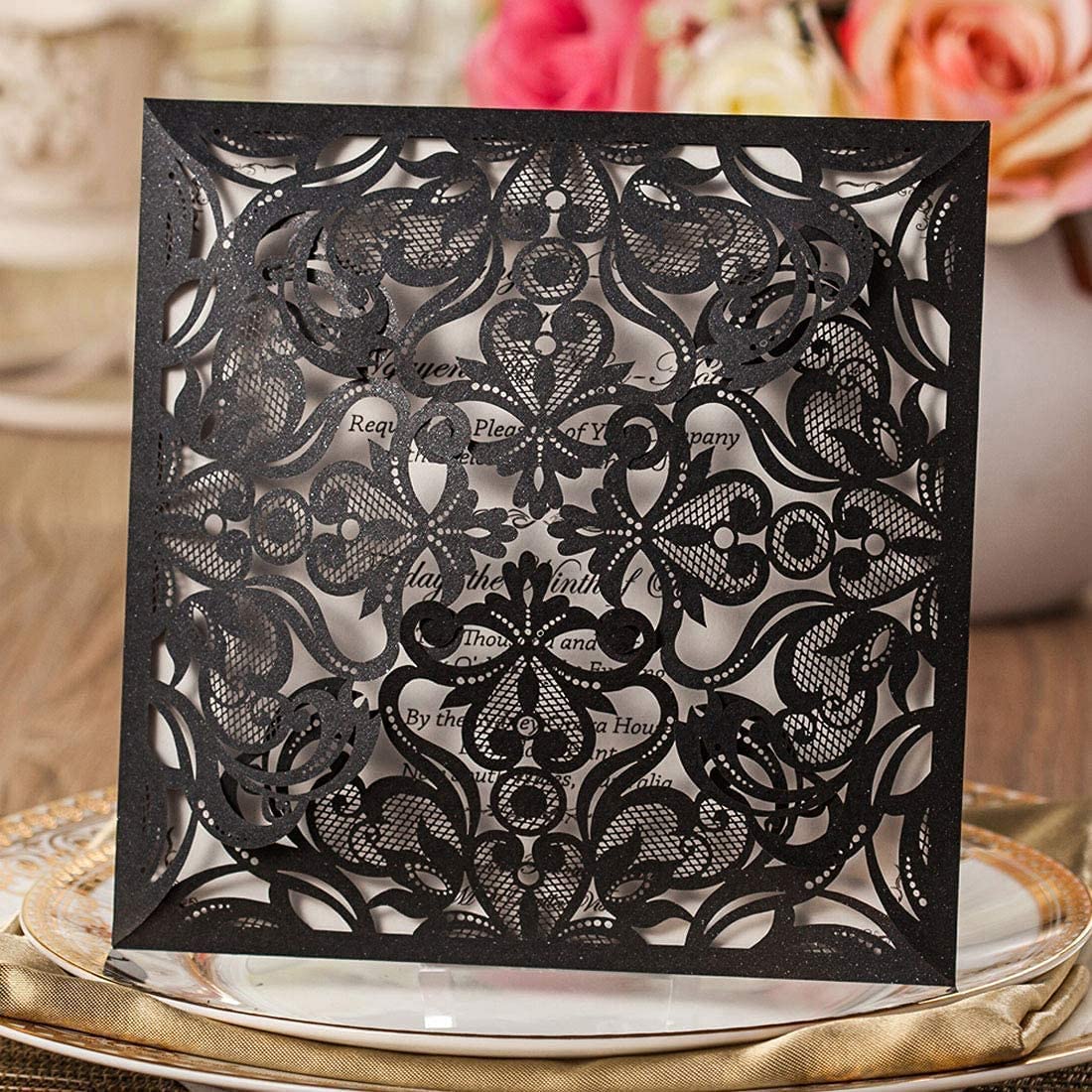 50PCS 6.3x6.3 Inch Elegant Black Lace Wedding Invitation Cards with Envelopes - Perfect for Quinceañera, Birthday, Bridal Shower & Graduation Party Invitations - Formal and Romantic Event Stationery for Special Occasions