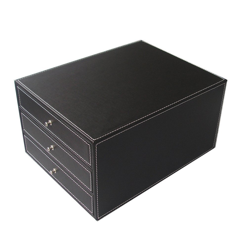 KINGFOM 3-Drawer Wooden File Cabinet - 3-Tier Leather Desk Organizer for Documents, Folders & Office Supplies - Black (Style B) - Perfect for Home Office, Study & Workspace Organization