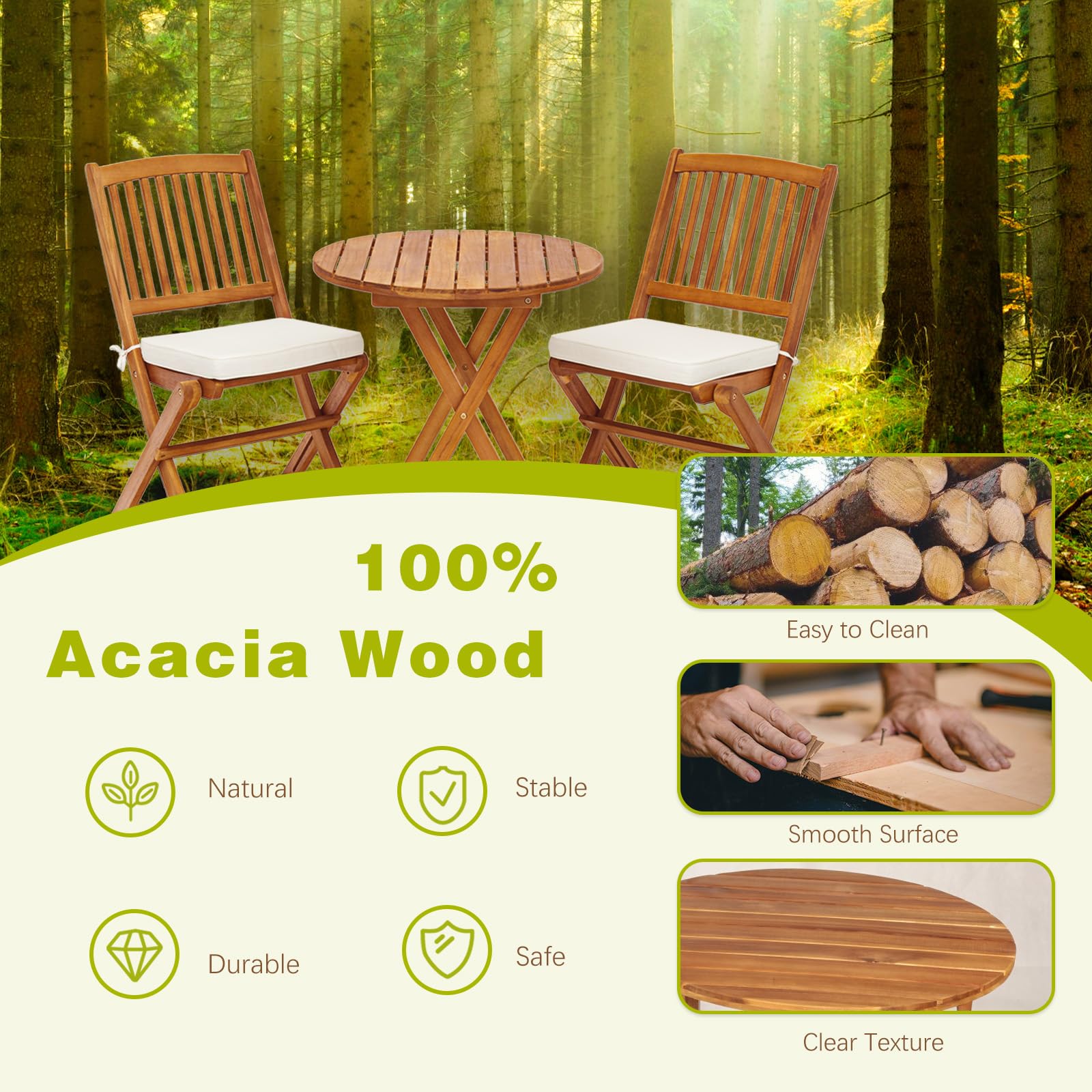 S AFSTAR 3-Piece Acacia Wood Patio Bistro Set with Folding Chairs, Round Coffee Table & Padded Cushions - Outdoor Dining Set for Garden, Balcony, Poolside, Porch & Backyard (Beige) - Perfect for Morning Coffee, Afternoon Tea, and Relaxing Evenings