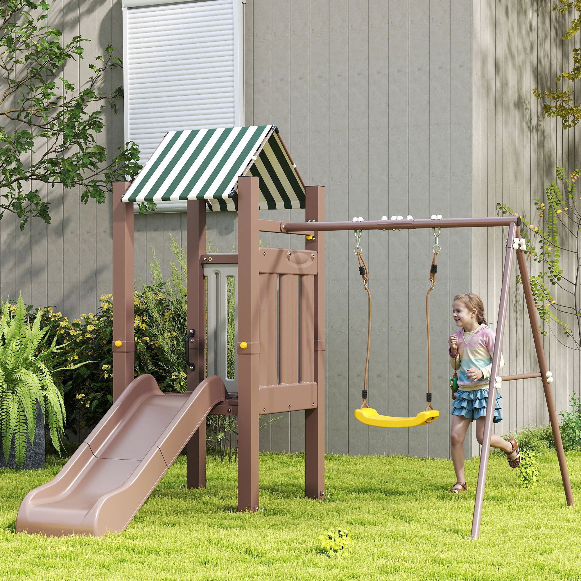 Qaba 4-in-1 Outdoor Kids Swing Set with Slide, Play Fort, Climbing Ladder & Ground Anchors - Safe Backyard Playset for Children Ages 3-8 Years (Brown) - Perfect for Garden, Park & Playground Fun