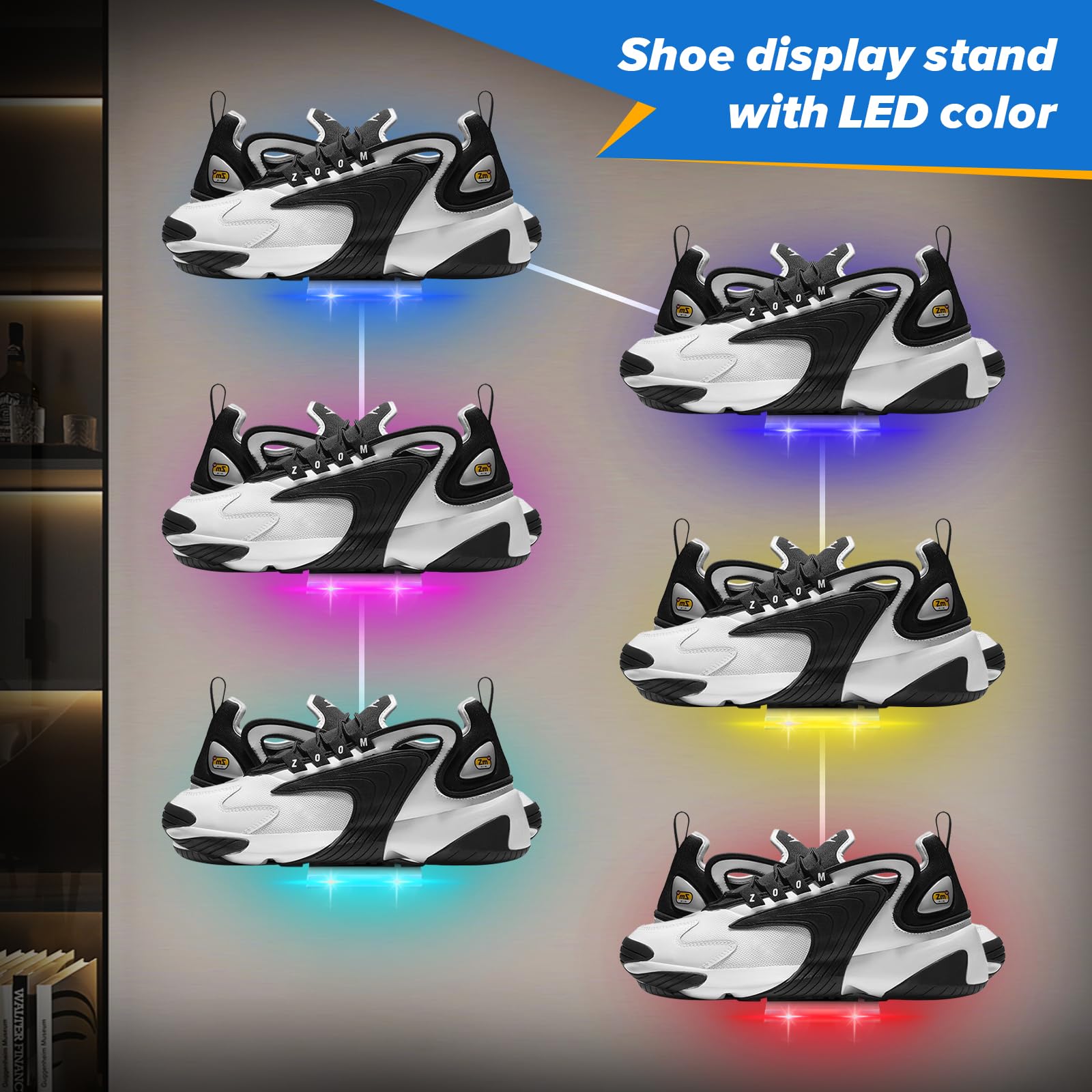 6Pcs LED Floating Shoe Display Shelf - 8 x 3.9 Inch Clear Acrylic Wall Mounted Sneaker Rack with 15 Screw Kits - Glowing Levitating Shelves for Bedroom, Gaming Room, Shoe Store & Retail Display - Perfect for Sneaker Collection and Modern Home Decor