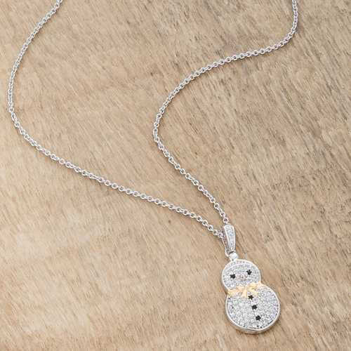 0.35 Carat CZ Two-Tone Snowman Pave Pendant Necklace - Christmas Holiday Jewelry Gift for Women - Perfect for Festive Parties & Winter Celebrations