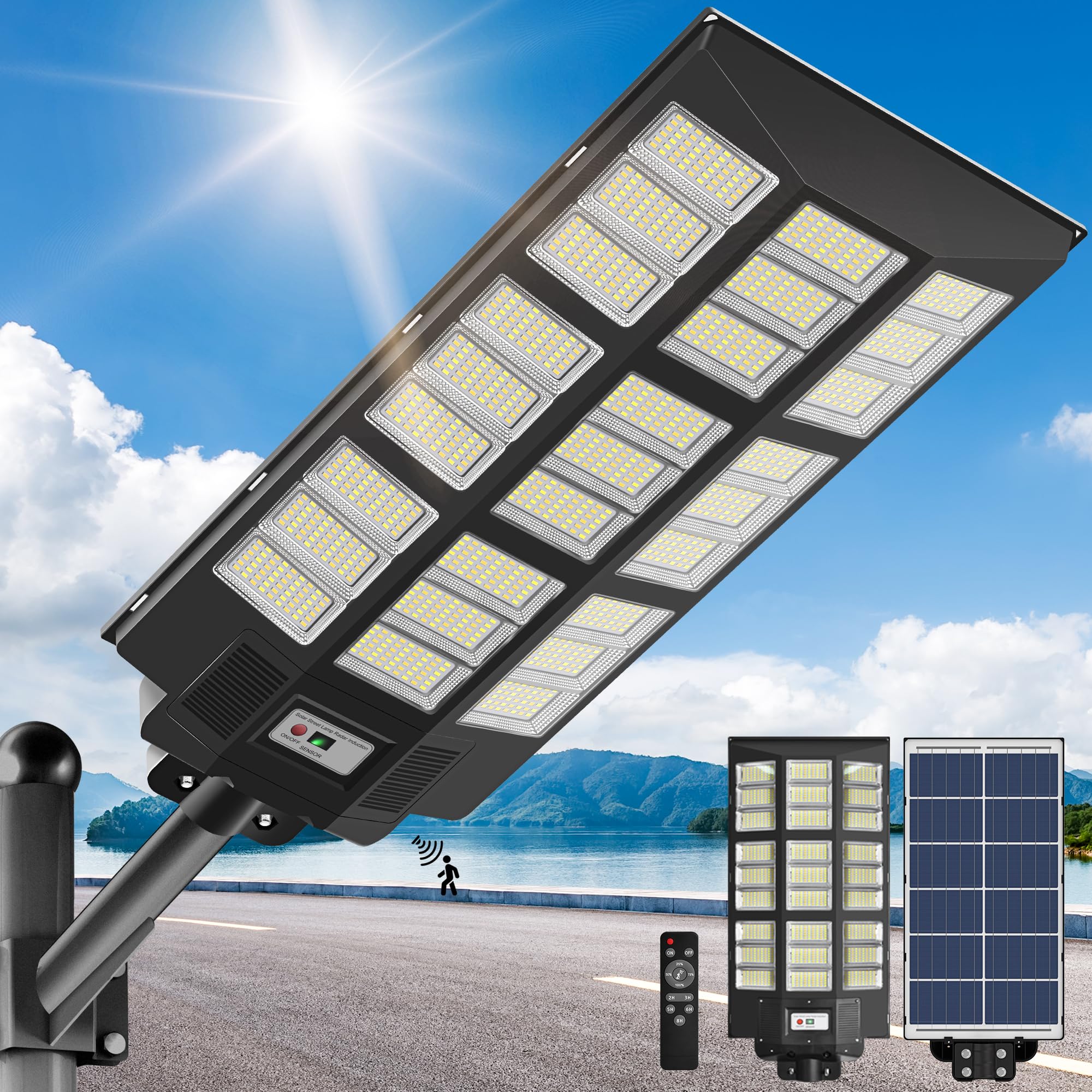 5000W Solar Street Lights Outdoor - 7000K Commercial Solar Parking Lot Lights with Dusk to Dawn Sensor, Waterproof & Remote Control, Motion-Activated LED Solar Lights for Yard, Driveway, Garden, and Pathways (Ideal for Residential & Commercial Outdoor Lighting)