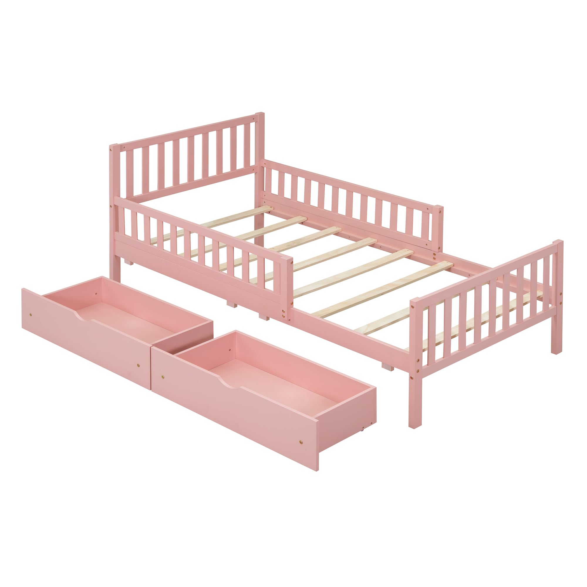 Pink Twin Size Kids Bed Frame with Guardrails, Low Platform Bed with Headboard & Footboard - 2 Storage Drawers for Boys & Girls | Perfect for Small Bedrooms, Daycare Centers & Kids' Sleepovers