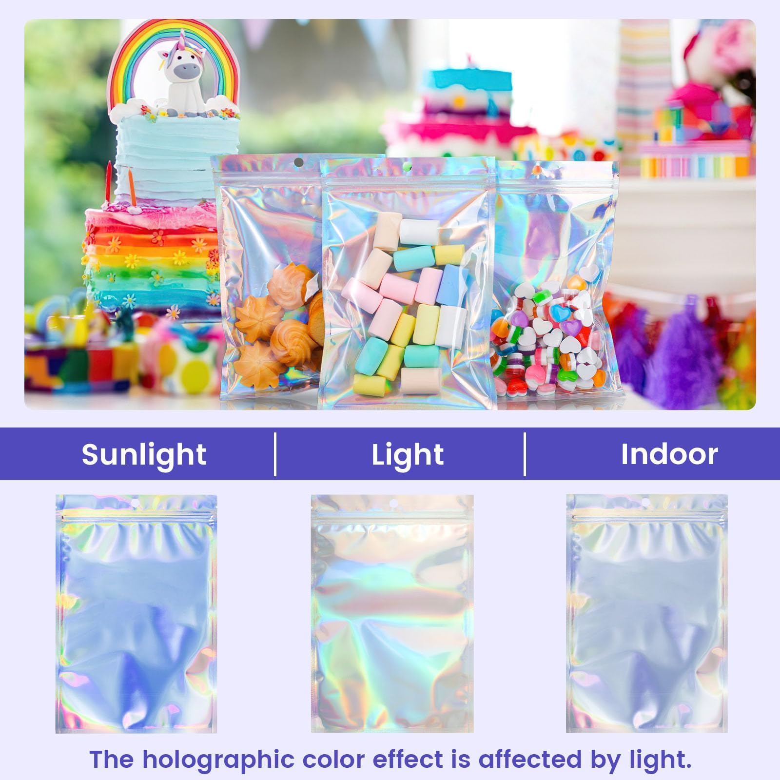 VGOODALL 15 Pack Holographic Mylar Bags 6x9 Inch - Resealable Smell Proof Food Storage Bags, Iridescent Party Favor Bags for Candy, Cookies, Snacks & Cannabis Storage - Perfect for Parties, Gifts & Home Organization
