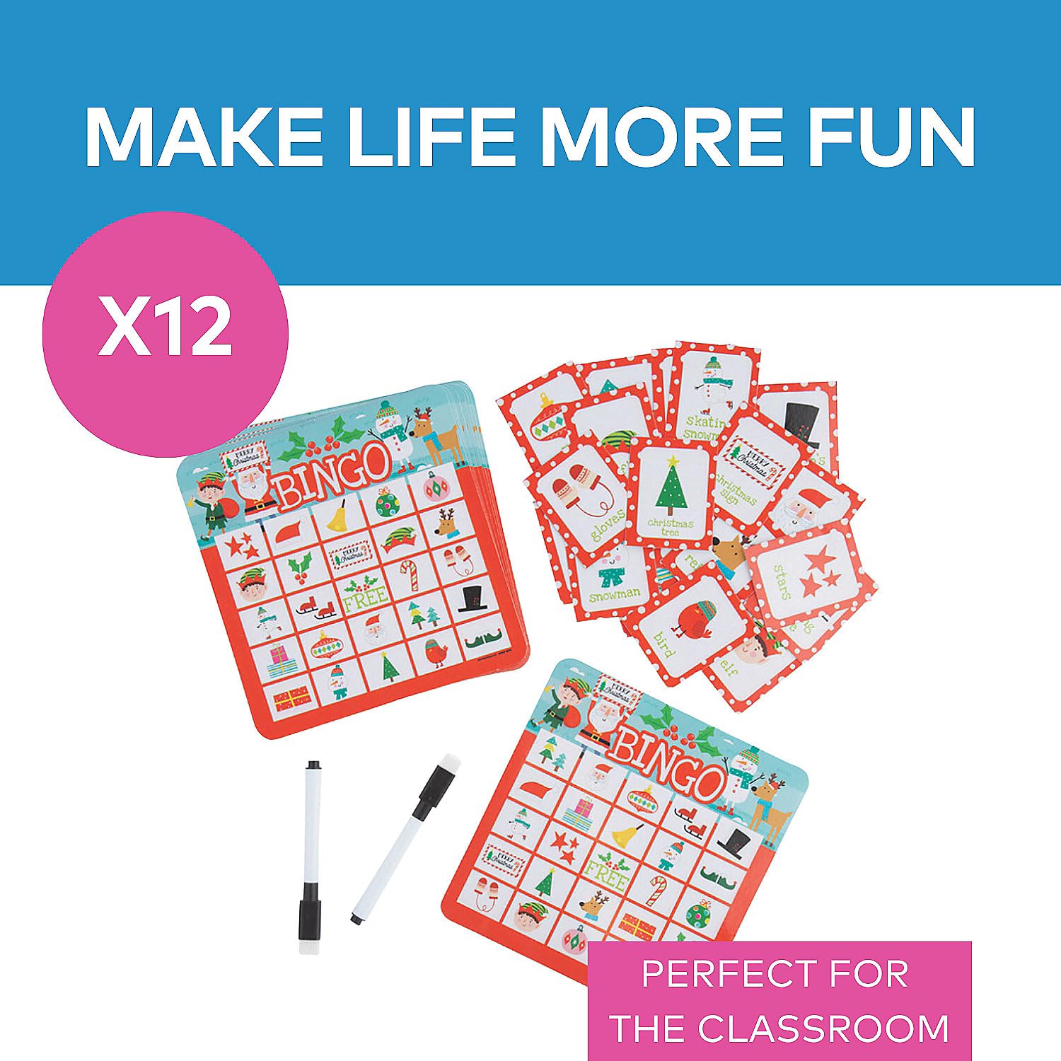 Fun Express Christmas Dry Erase Bingo Game Set - 12 Pack Holiday Party Activity for Kids & Family - Perfect for Classroom, Christmas Party & Winter Break Entertainment