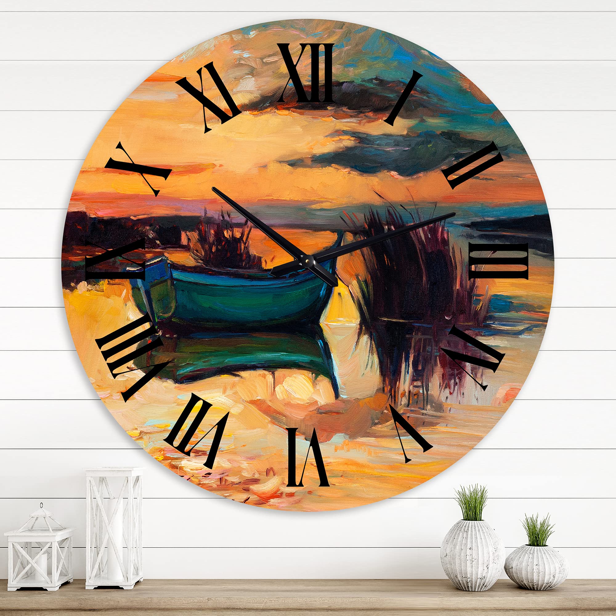 DesignQ Nautical Coastal Wall Clock - Boat Sunset Lake Scene Round Clock for Living Room, Bedroom, Office Decor | Perfect for Beach House, Lakeside Cabin & Coastal-Themed Interiors