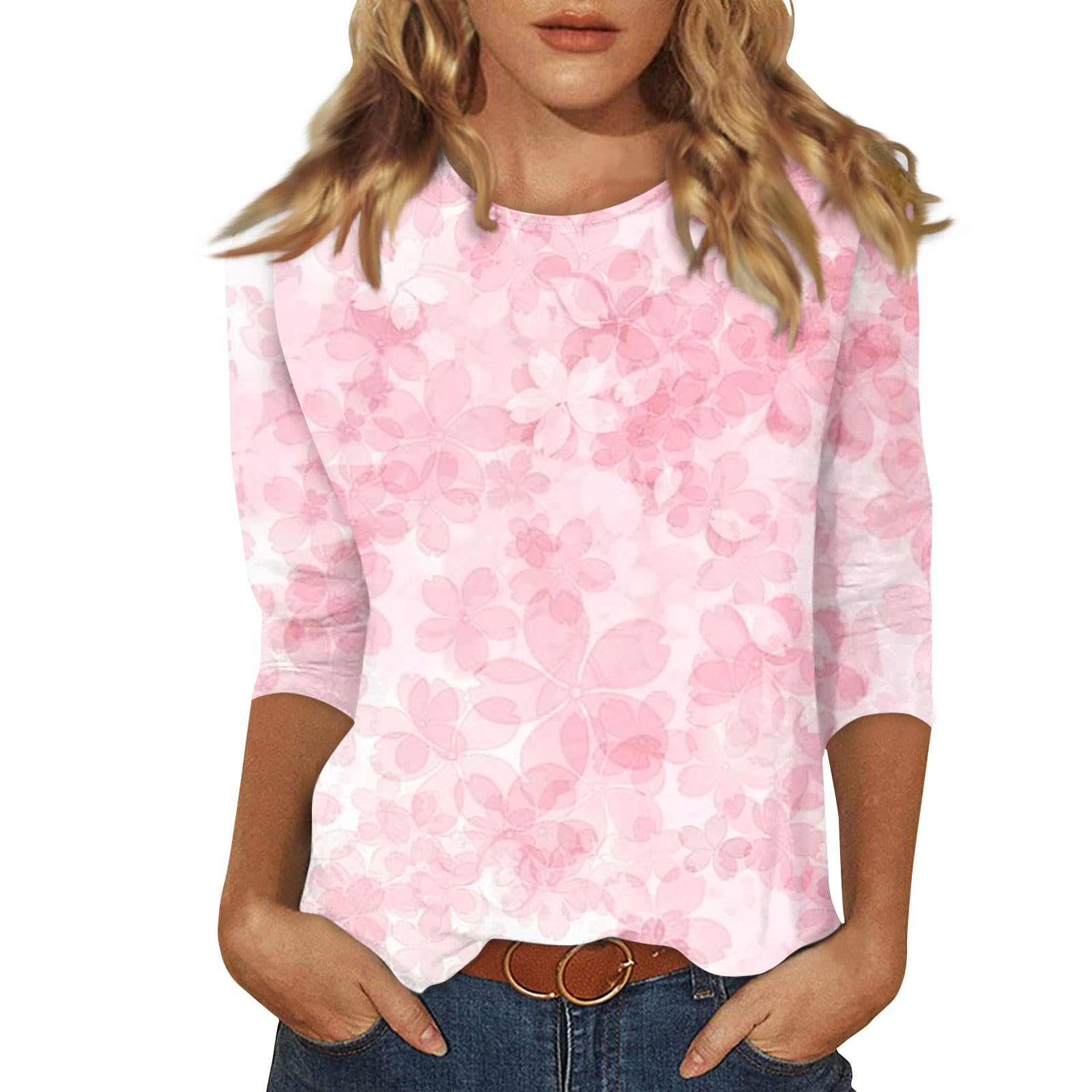 Women's Summer 3/4 Sleeve Floral Print Crew Neck T-Shirt - Trendy Casual Light-Colored Blouse for 2024 | Perfect for Office Wear, Date Nights & Weekend Outfits