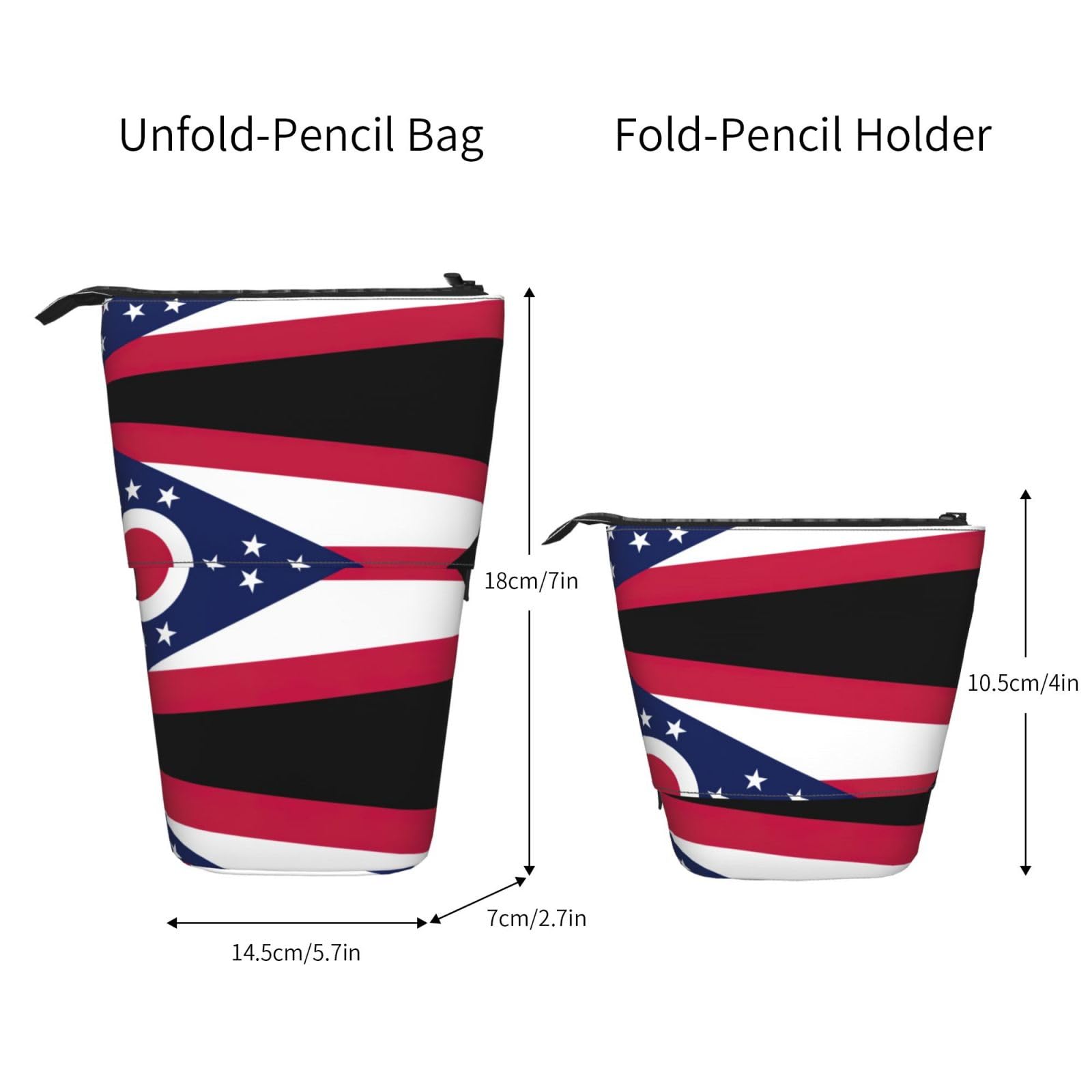 Ohio State Flag Print Zippered Pencil Case - Expandable Stationery Organizer for School, Office & Travel - Makeup Bag, Pen Holder, Pouch with Telescopic Design