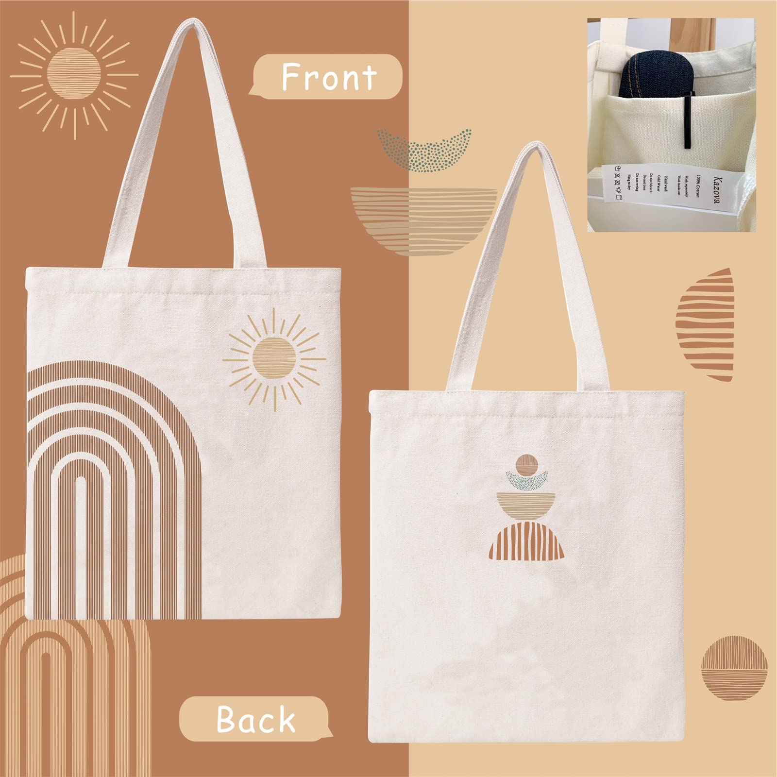 Kazova Cotton Canvas Tote Bag - Abstract Rainbow & Sun Design, Minimalist Reusable Grocery Bag, Eco-Friendly Geometric Shoulder Bag for Women | Perfect for Shopping, Beach, Work & Gift Giving