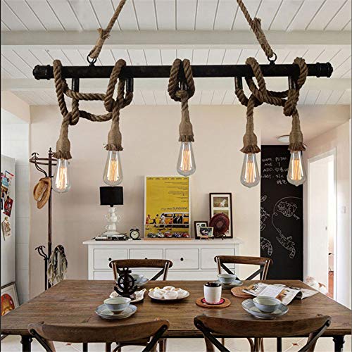 NIUYAO 39'' Industrial Hemp Rope Pendant Light - Bronze Rust Pipe Hanging Chandelier for Farmhouse, Loft & Industrial Ceiling Lighting | Kitchen Island, Dining Room, Bar Decor