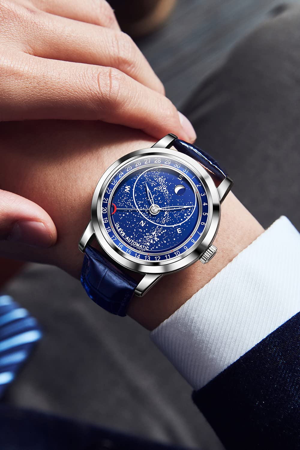 OLEVS Men's Automatic Mechanical Watch - Starry Sky Moon Phase, Blue Leather Strap, Luxury Dress Watch, Waterproof & Luminous - Perfect for Business, Formal Events & Gift Giving