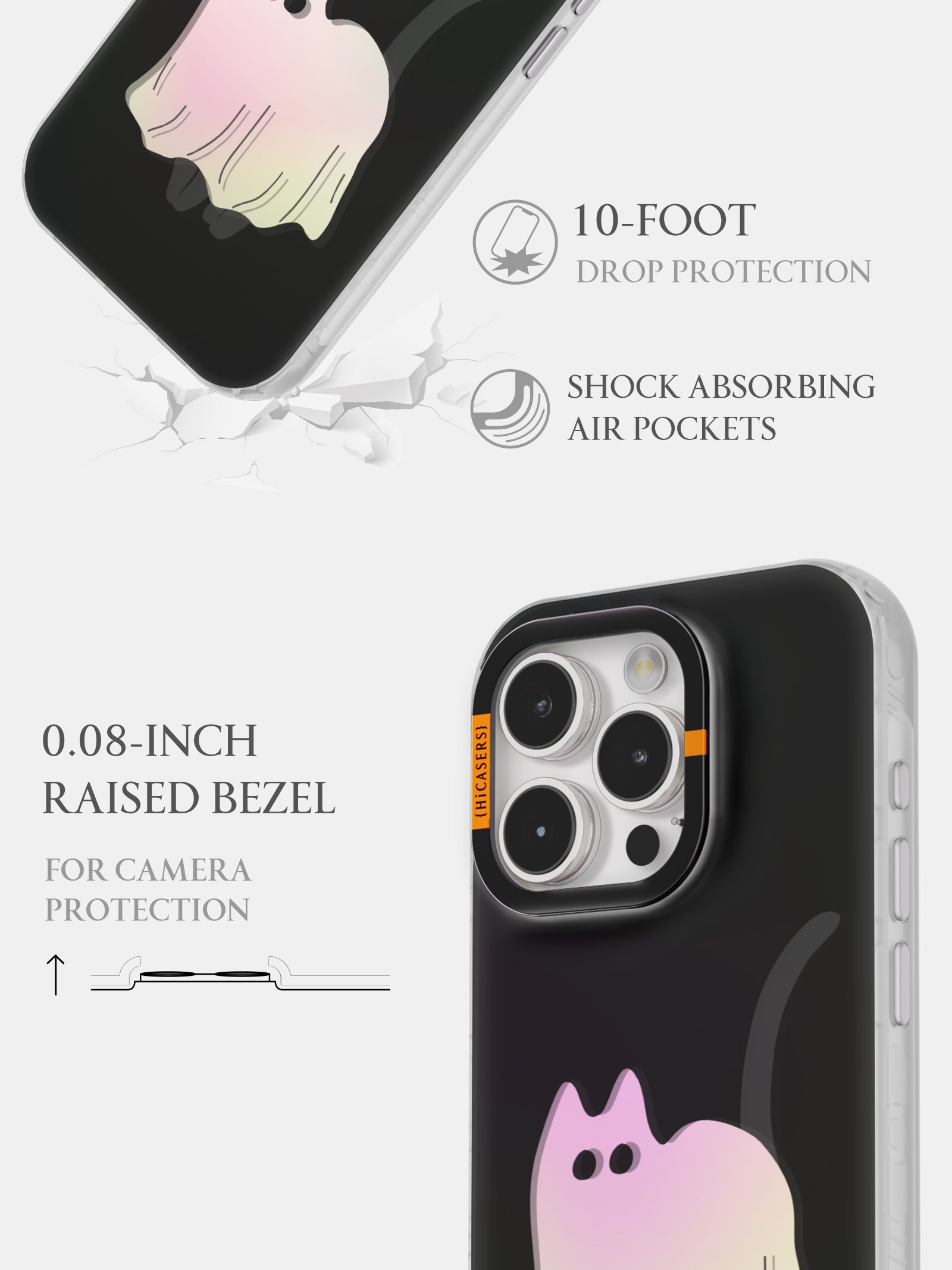 Ghost Cat Iridescent Mirror Phone Case - Black | Shatterproof Protective Cover for iPhone & Samsung | Perfect for Parties, Concerts & Nightlife