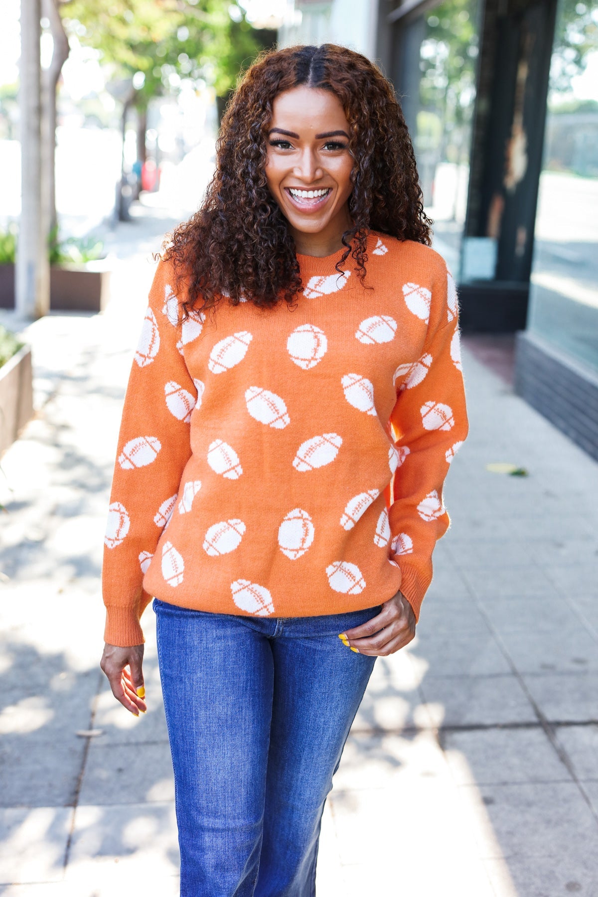 Game Day Orange Football Print Jacquard Knit Sweater - Stylish Sports Fan Apparel for Football Games, Tailgating & Casual Wear
