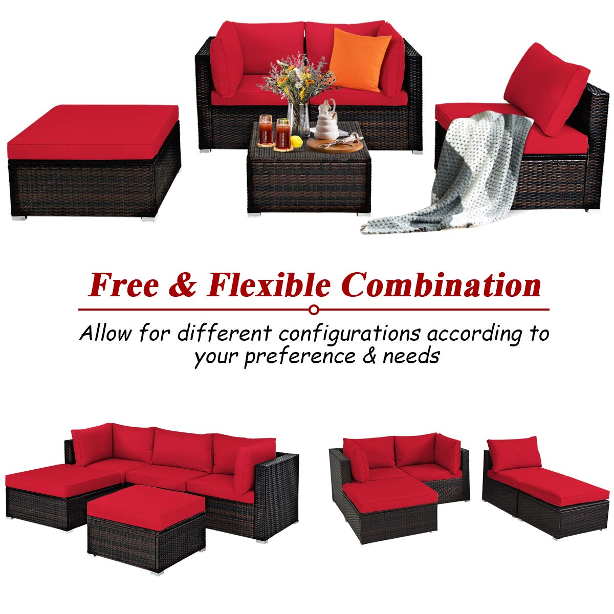 **Tangkula 5-Piece Outdoor Patio Furniture Set - Wicker Rattan Sectional Sofa with Cushions & Coffee Table - Perfect for Backyard, Porch, Garden, Poolside & Deck (Red) | Durable & Weather-Resistant for Relaxing & Entertaining**