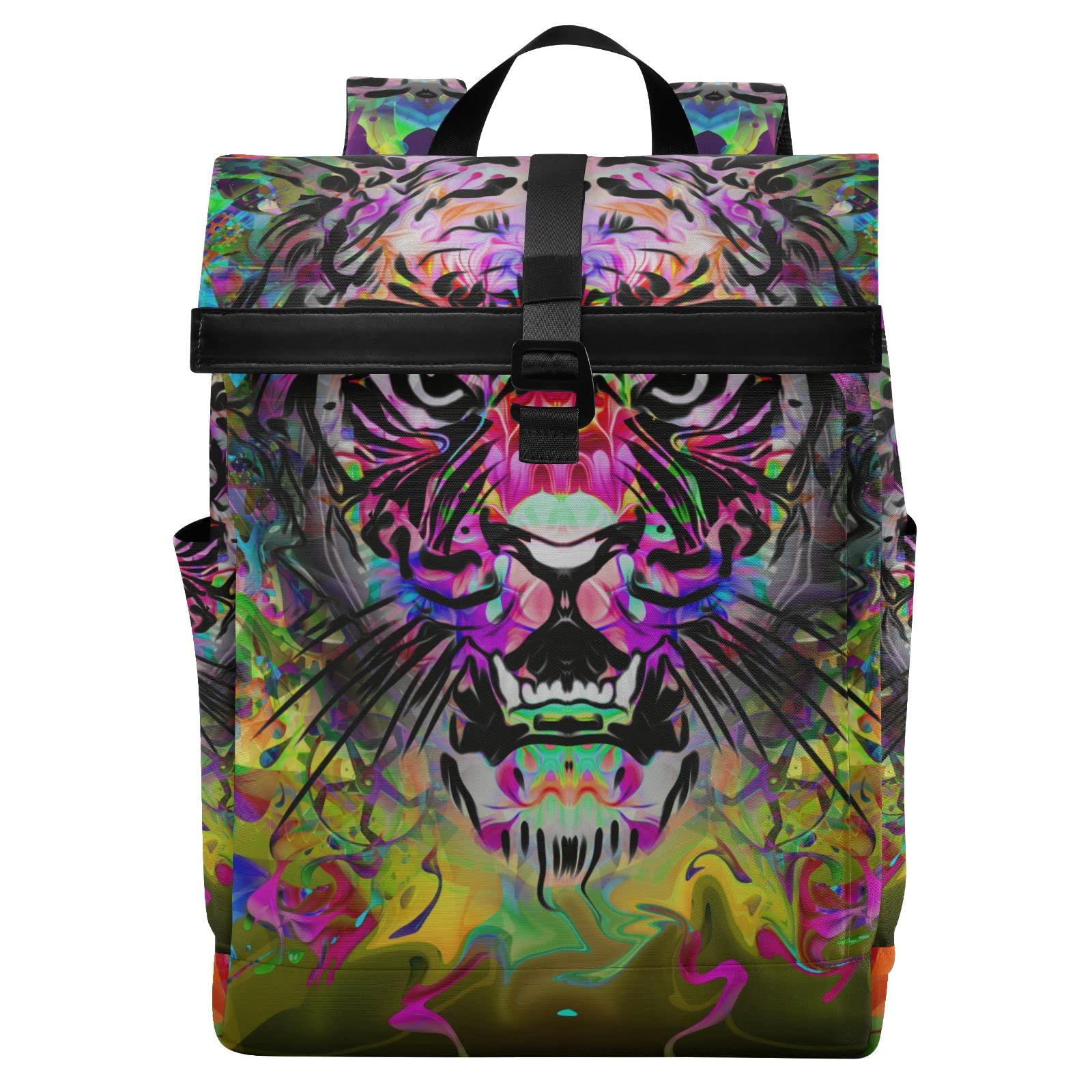 JHKKU Colorful Tiger Print Roll Top Backpack - Waterproof Anti-Theft Laptop Backpack for Men & Women, Fits 15.6 Inch Laptop - Perfect for Work, Travel & College | Durable for Daily Commute, Outdoor Adventures & School Use