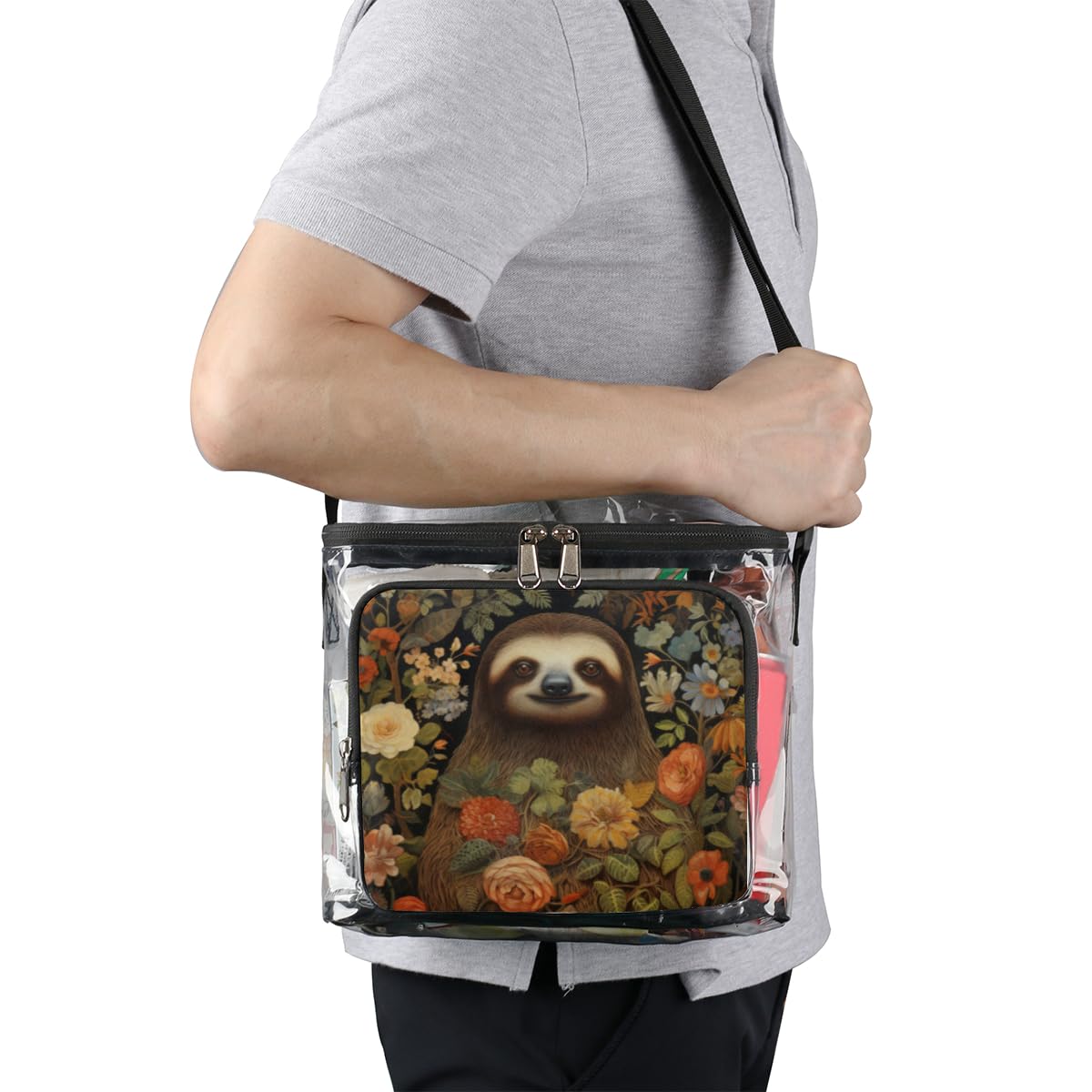 GzLeyigou Sloth Print Clear Tote Bag with Handles - Transparent Crossbody Shoulder Bag for Lunch, Outdoor, Travel, Picnic, Concerts & Sports Events | Stadium Approved Multi-Purpose Purse | Perfect for Music Festivals, Beach Trips and Theme Park Visits