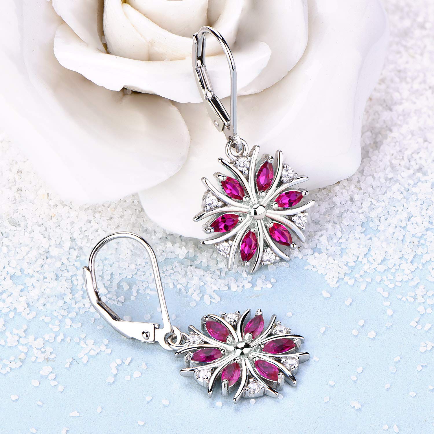 YL Sterling Silver Snowflake Dangle Earrings with Birthstone - Elegant Drop Leverback Jewelry for Women - Perfect for Christmas, Winter Parties & Holiday Gifts