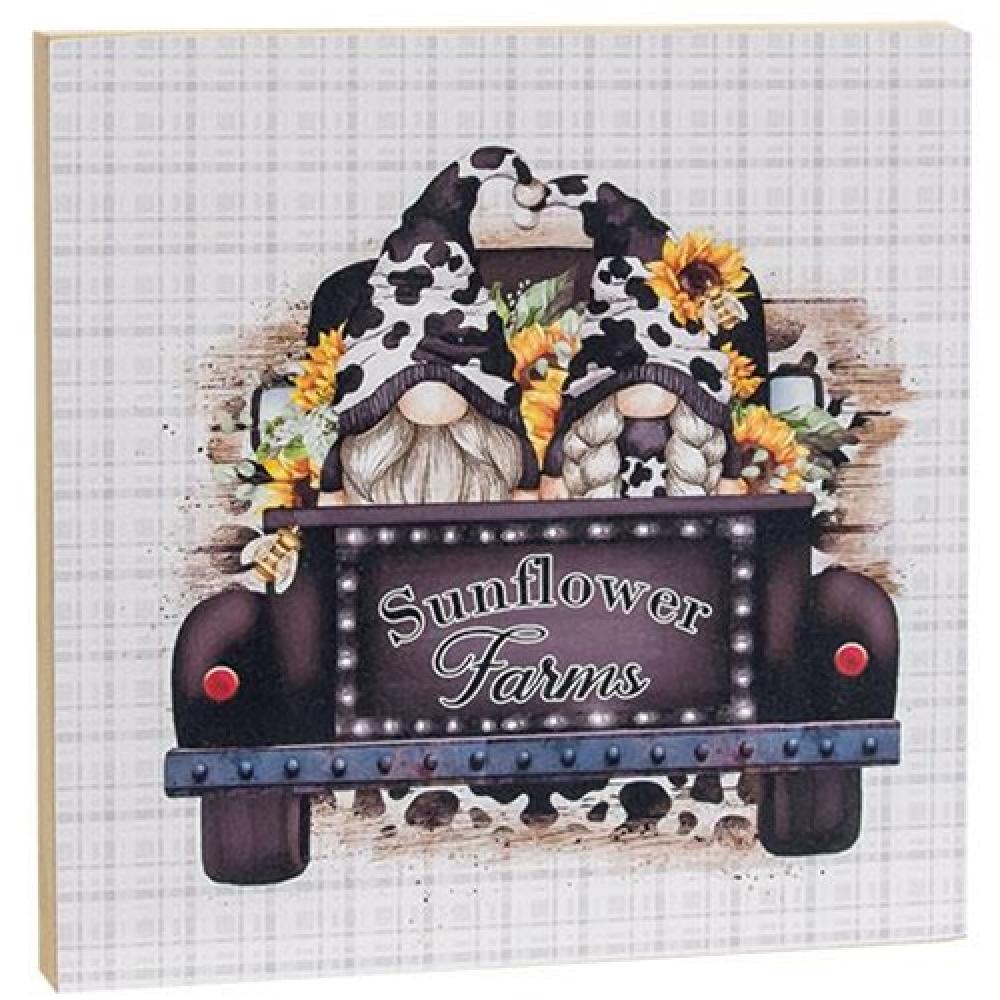 Wooden Block Decor with Gnomes in Truck and Sunflowers - Perfect for Home, Office, and Garden Decoration