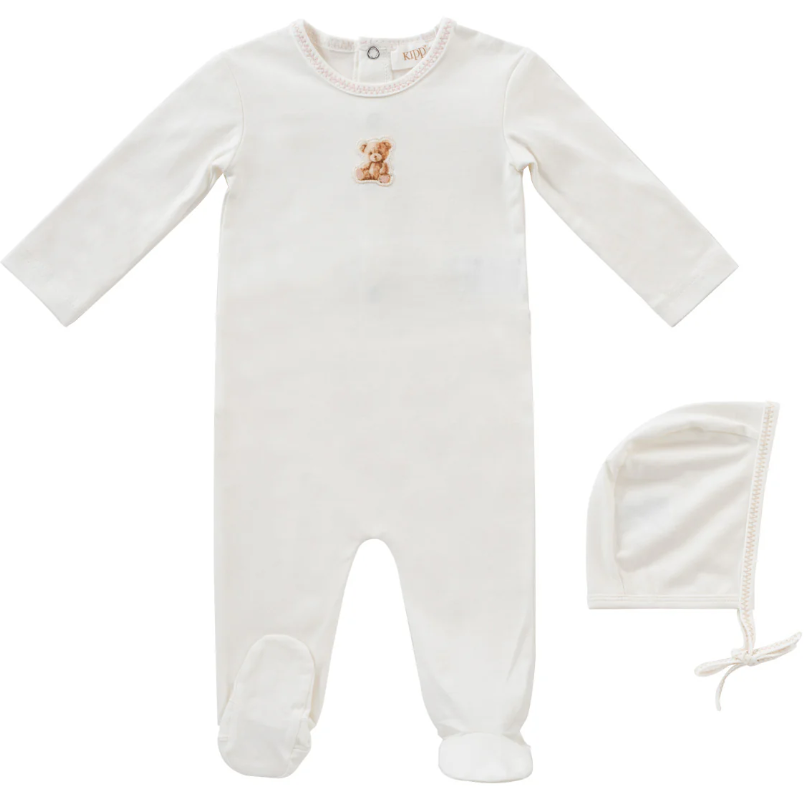 Kipp Teddy Stretchie with Bonnet - Newborn to 6 Months | Soft Baby Romper for Cozy Outfits & Photo Shoots