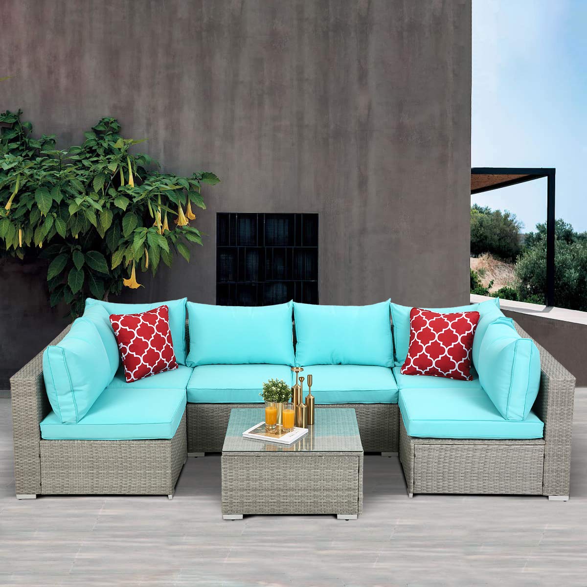 7-Piece Outdoor Rattan Sectional Sofa Set with Coffee Table & Washable Cushions - Patio Furniture for Garden, Poolside, Balcony, Backyard - Light Gray & Blue Cushions - Perfect for Relaxing, Entertaining & Outdoor Lounging