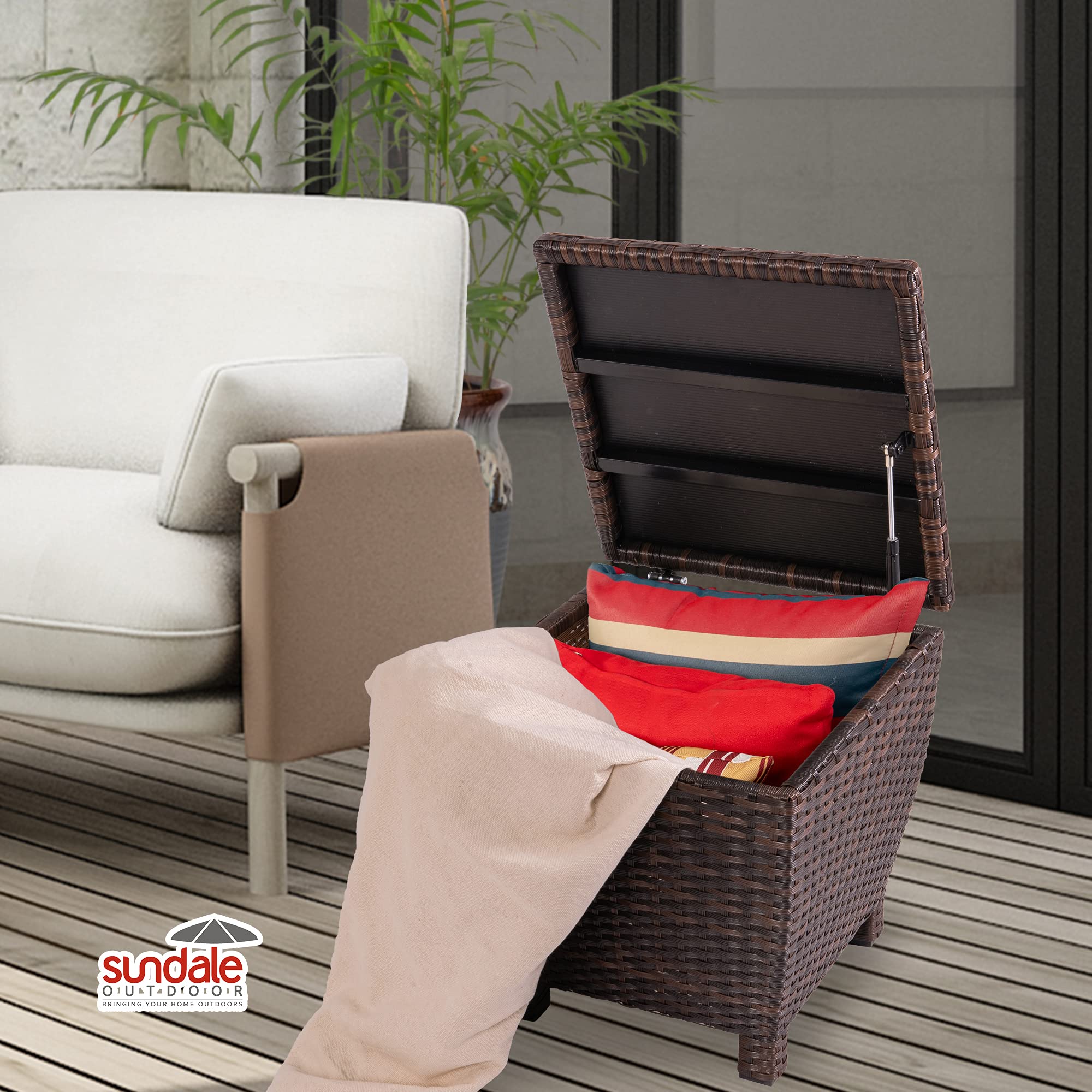 13 Gallon Sundale Outdoor Deck Storage Box with Lid - Fully Assembled Brown Wicker Rattan Side Table for Patio, Hose, Cushion & Towel Storage | Perfect for Backyard, Garden & Poolside Organization