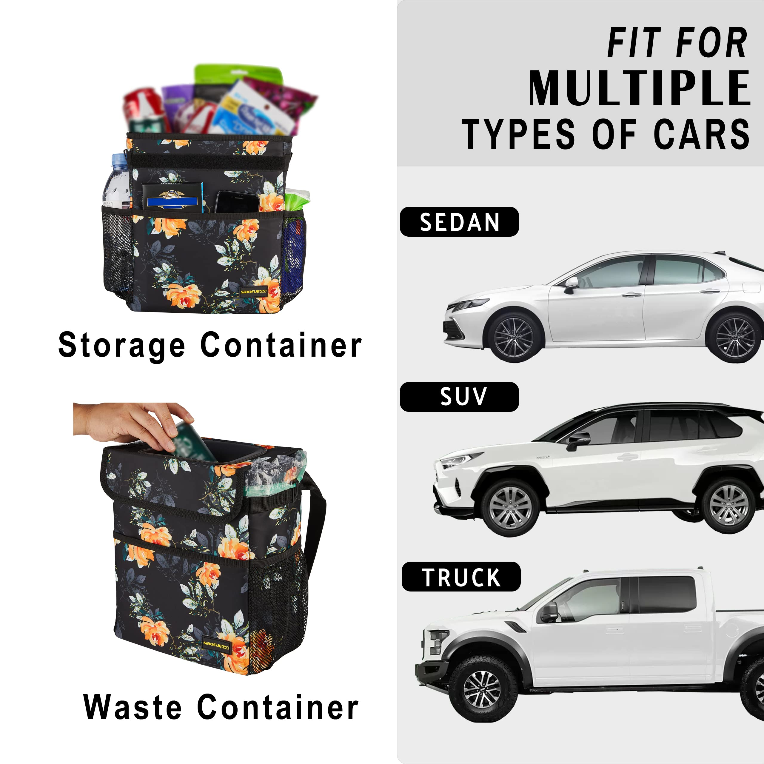 Leak-Proof Collapsible Car Trash Can with Lid - 2 Gallon Waterproof Garbage Bin with Storage Pockets & Adjustable Straps for Vehicles, Travel, Camping & Home Use (Flower Design)