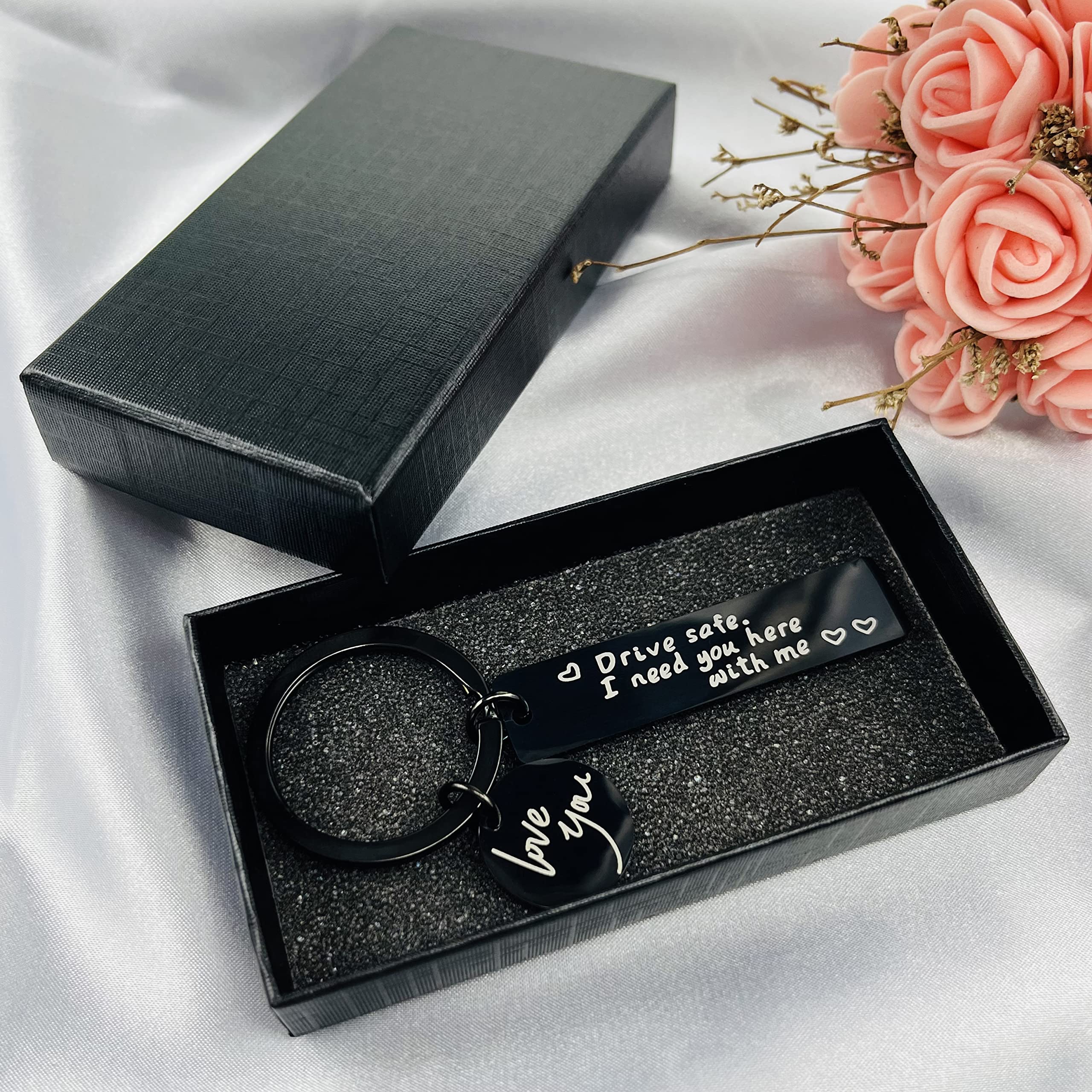 Drive Safe Keychain for Boyfriend, Husband & Dad - 'I Need You Here With Me' Engraved Gift (Black Love Keychain) - Perfect Car Key Accessory & Thoughtful Present for Anniversary, Birthday or Valentine's Day