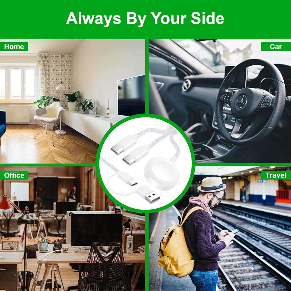 Upgraded 3-in-1 USB C Cable for Apple Watch Charger (4FT/1.2M) - Fast Charging Cord Compatible with iWatch Ultra 2/SE 2/Series 1-10, iPhone 16/15 Pro Max, iPad & AirPods - Perfect for Travel, Home & Office Use