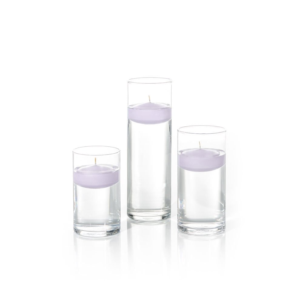 Yummi Set of 18 Floating Candles and Cylinder Vases - Lavender Scented Wedding Decor, Spa Bathroom, Romantic Dinner Centerpiece