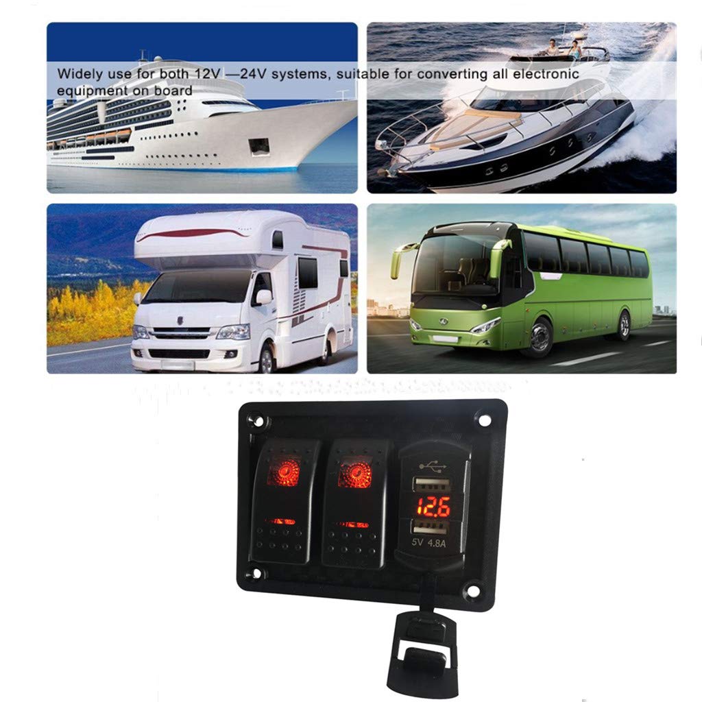 2 Gang Rocker Switch Panel with 4.8A Dual USB Fast Charger & Voltmeter - Red LED Backlit, Pre-Wired Switches - Perfect for Marine, RV, Truck & Boat Electrical Systems