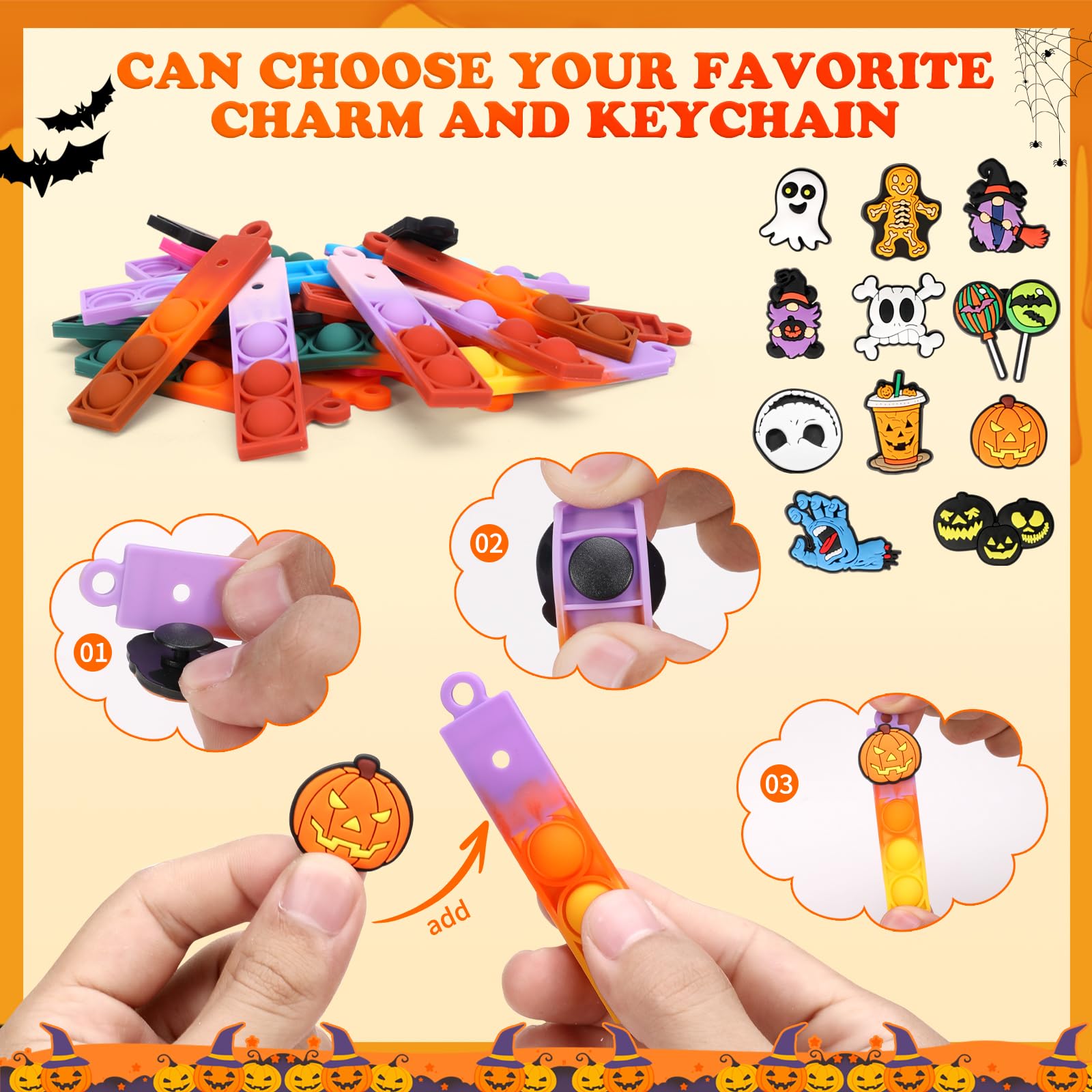 24-Piece Halloween Mini Pop Fidget Toys Bulk Pack - Sensory Stress Relief Keychain Toys for Kids, Party Favors, Classroom Prizes & Carnival Treasure - Perfect for Birthday Gifts, Desk Toys & Bag Fillers