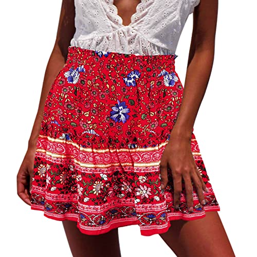 Boho Floral Printed Vintage Skirt for Women - High Waist Drawstring Pleated A-Line Mini & Maxi Skirt (Red, Small) | Perfect for Summer Festivals, Beach Vacations & Boho Chic Outfits