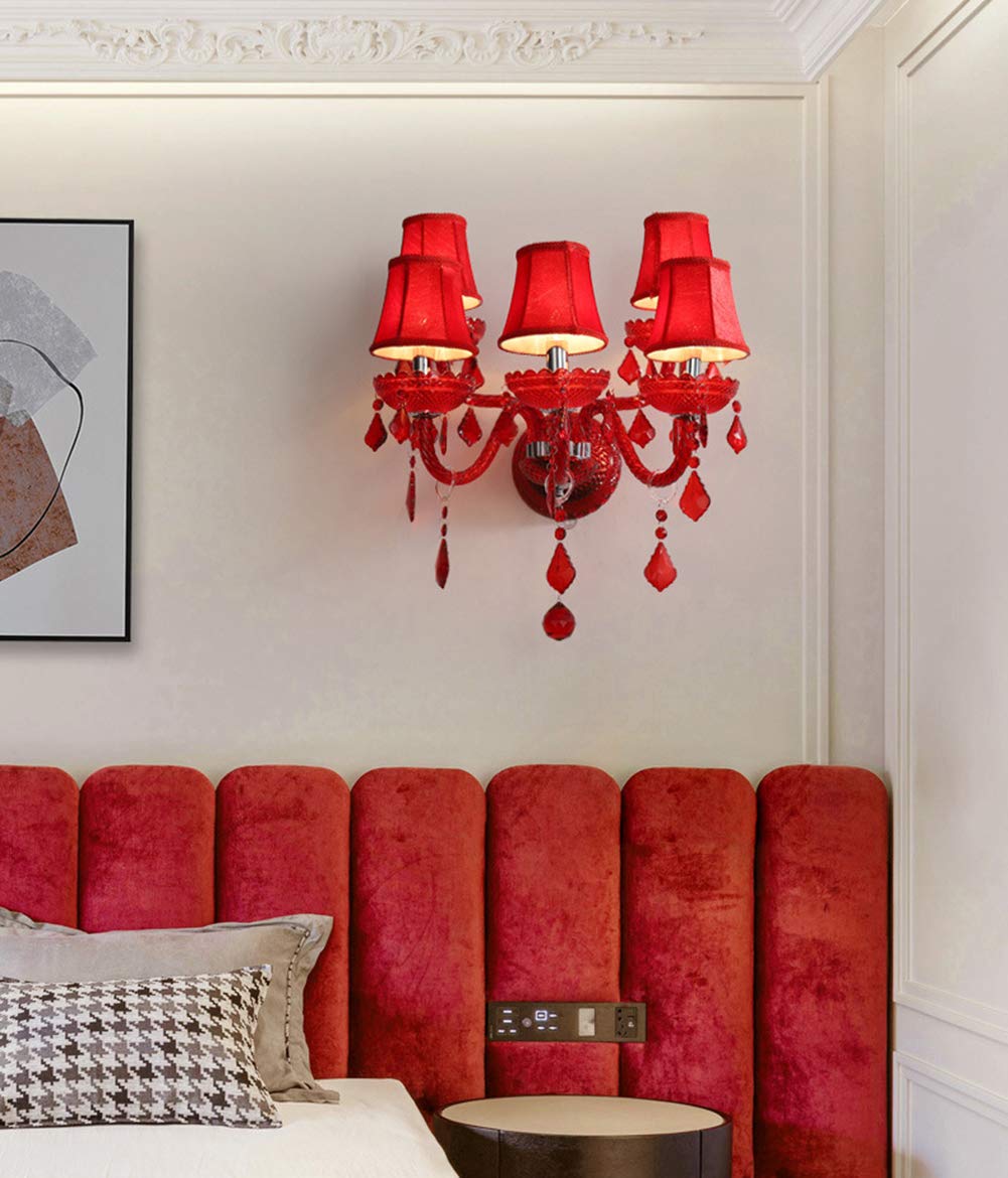 Elegant Aiwen 5-Light Red Crystal Glass Wall Sconce - Double Tier Bedroom Wall Lamp with Lampshade for Bedside Lighting | Perfect for Master Bedroom, Hallway & Living Room Decor