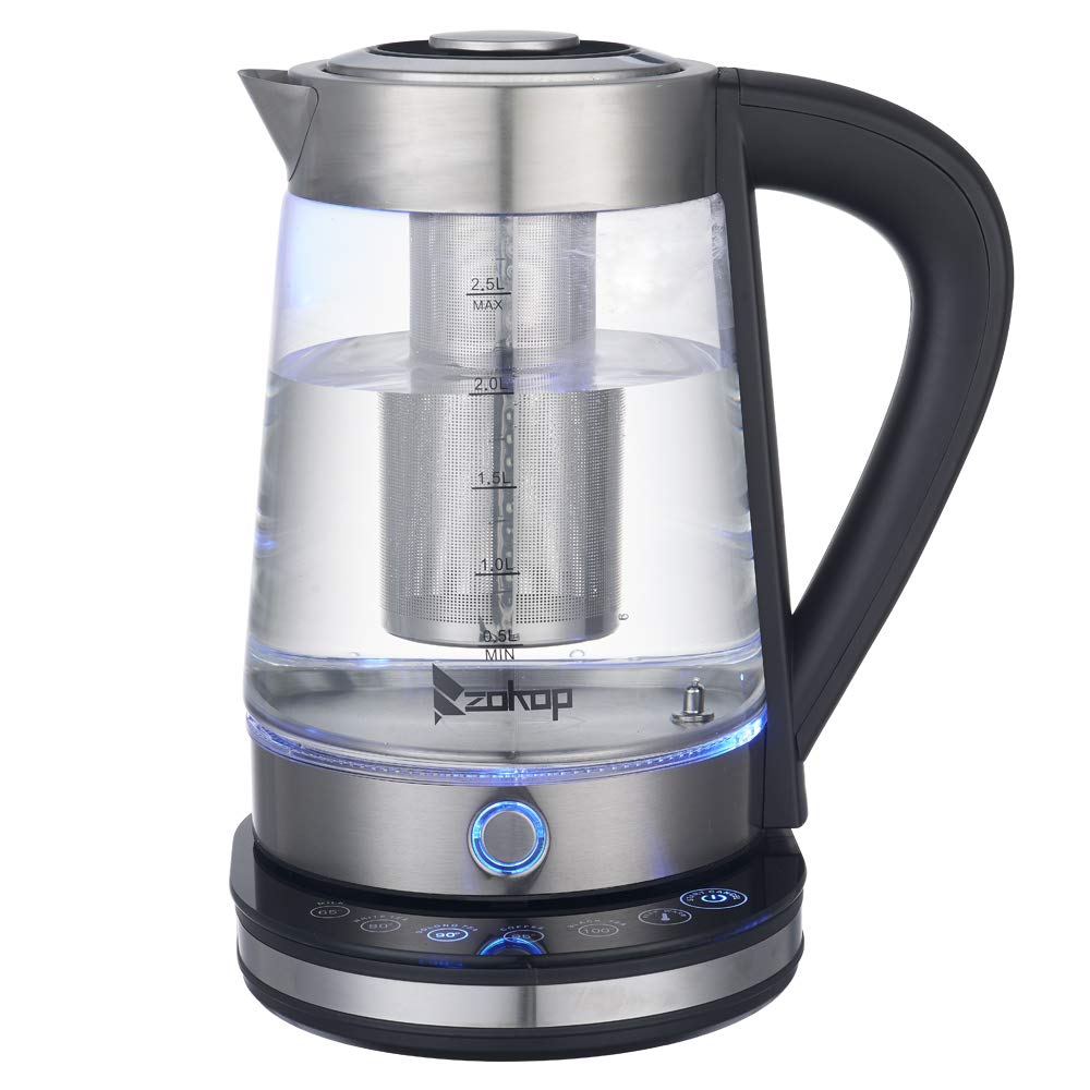 ZOKOP HD-2005D 1500W Electric Kettle - 2.5L Blue Glass Water Boiler with Removable Filter, Auto Shut-Off & Boil-Dry Protection (110V US Standard) - Perfect for Making Tea, Coffee, Instant Noodles & Baby Formula