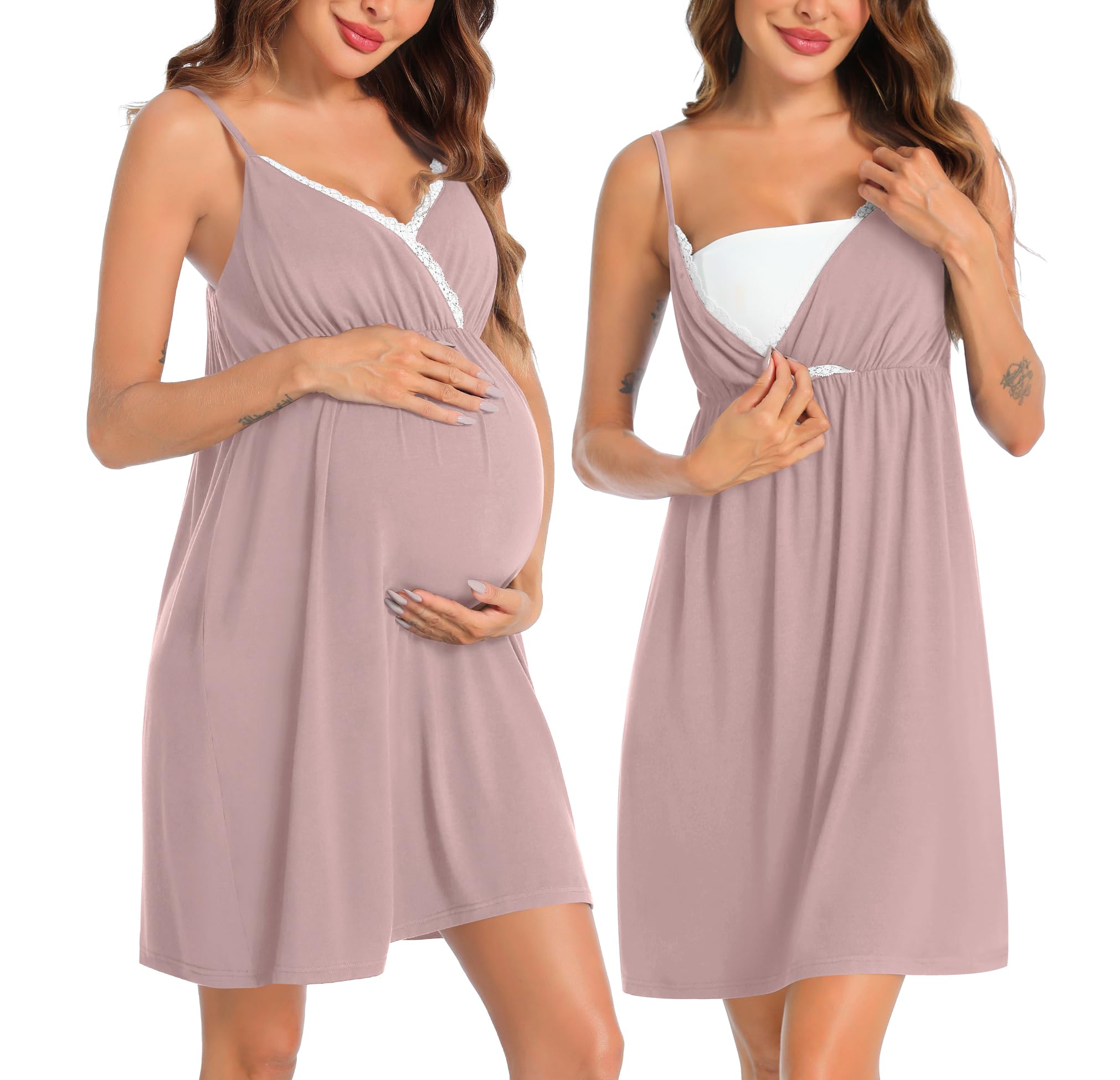 SWOMOG Women's 2-Piece Maternity Robe & Nursing Nightgown - 3-in-1 Breastfeeding Dress with Lace Trim for Labor, Delivery & Postpartum - Soft Nursing Pajama Set for Hospital & Home Use