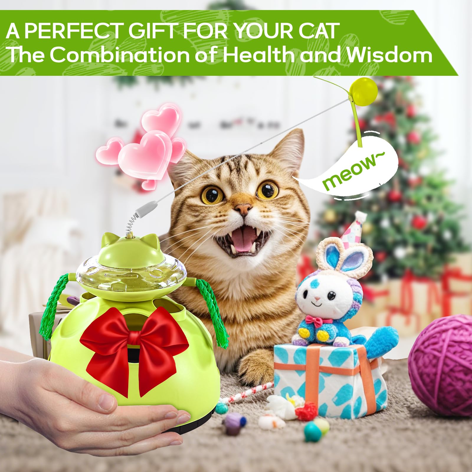 Interactive Cat Toys for Indoor Cats - Kitten Wand Toy with Funny Balls, Slow Feeder Food Puzzle & Treat Dispenser - Rotation Hole-Digging Games for Mental Stimulation - Perfect Birthday Gift for Playful Kitties (Green, Large) - Great for Solo Play, Bonding Time & Reducing Boredom in Small Spaces
