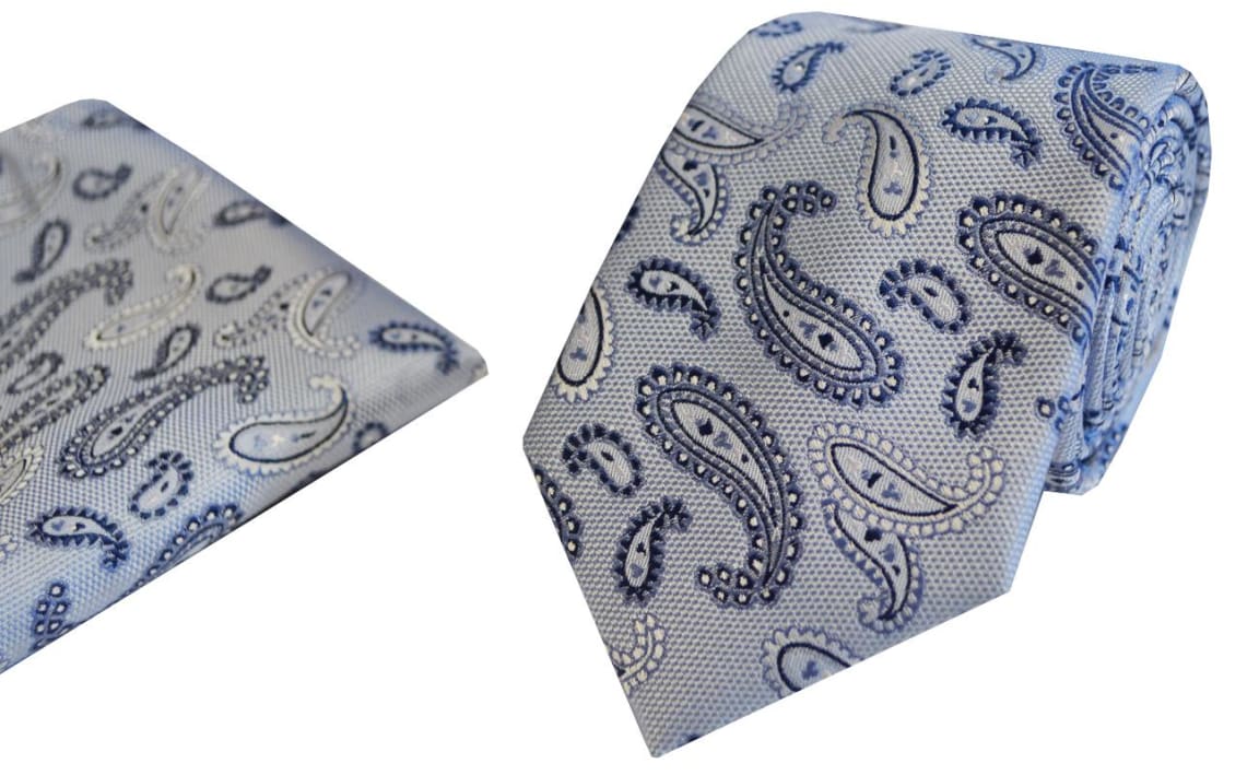 Stylish L.A. Smith Polyester Blue Paisley Necktie and Pocket Square Set - Perfect for Weddings, Business Meetings & Formal Occasions