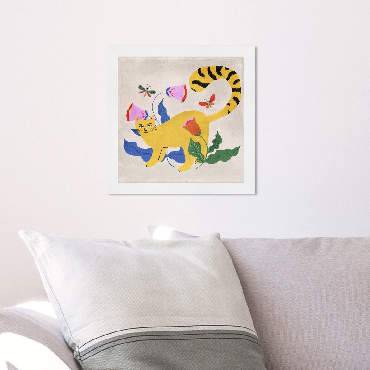 Blonde Tabby Floral Kitten Butterfly Garden Modern Yellow Framed Wall Art Print - Perfect for Bedroom, Nursery & Home Decor