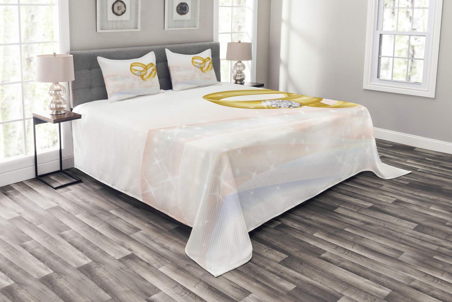 Ambesonne 3-Piece King Size Wedding Bedspread Set - Romantic Abstract Ring Design in Pale Blue & Pink | Bedroom Decor for Engagement, Marriage & Anniversary Gifts