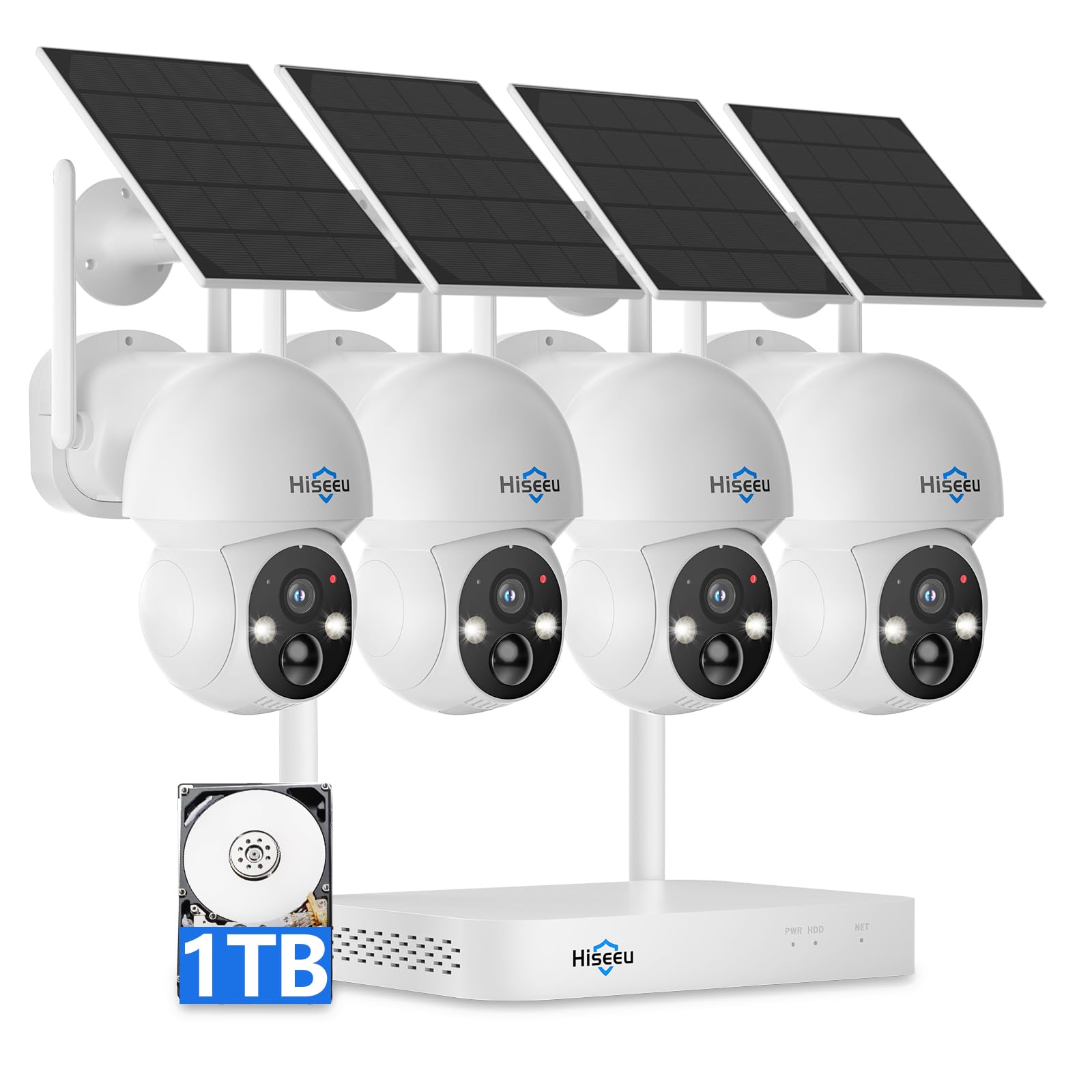 Hiseeu 4MP Solar Security Camera System - Wireless Outdoor Home Security with 2.4G/5G WiFi, 360° Pan-Tilt, Color Night Vision, 1TB HDD Local Storage (4 Camera Kit) - Ideal for Home, Garage & Backyard Surveillance