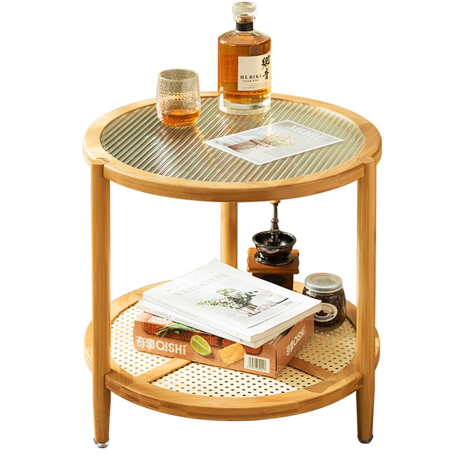 2-Tier Bamboo Round Coffee Table with Glass Top - Modern Small Side Table for Living Room, Bedroom, Balcony or Nightstand - Perfect for Coffee, Books & Decor