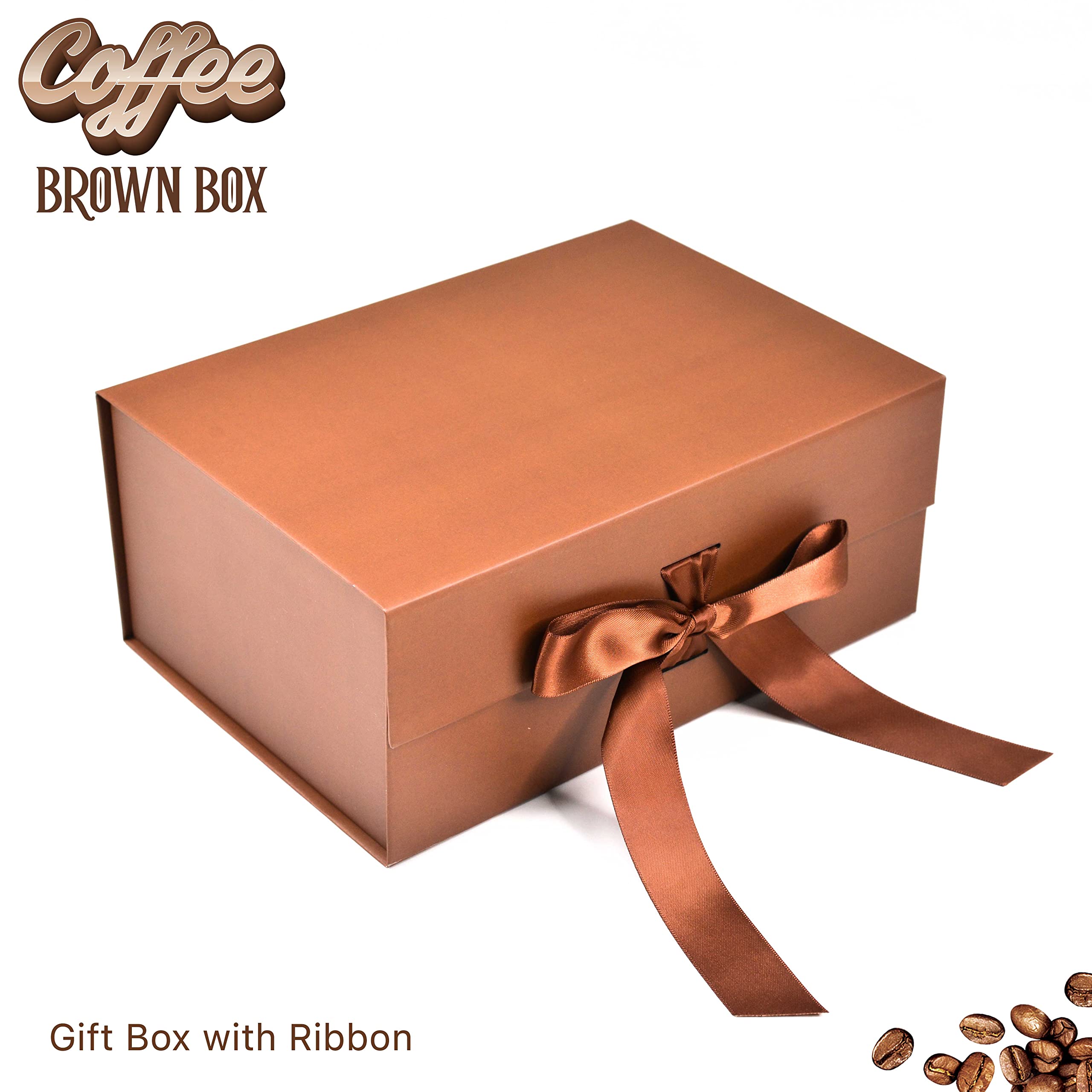 Rigid Brown Folding Gift Box with Ribbon (23x16x10cm) - 1 Pack | Scratch-Free Multipurpose Collapsible Hamper Box for Gifts, Jewelry, Cosmetics & Home Storage | Reusable Present Packaging for Birthdays, Weddings & Corporate Events