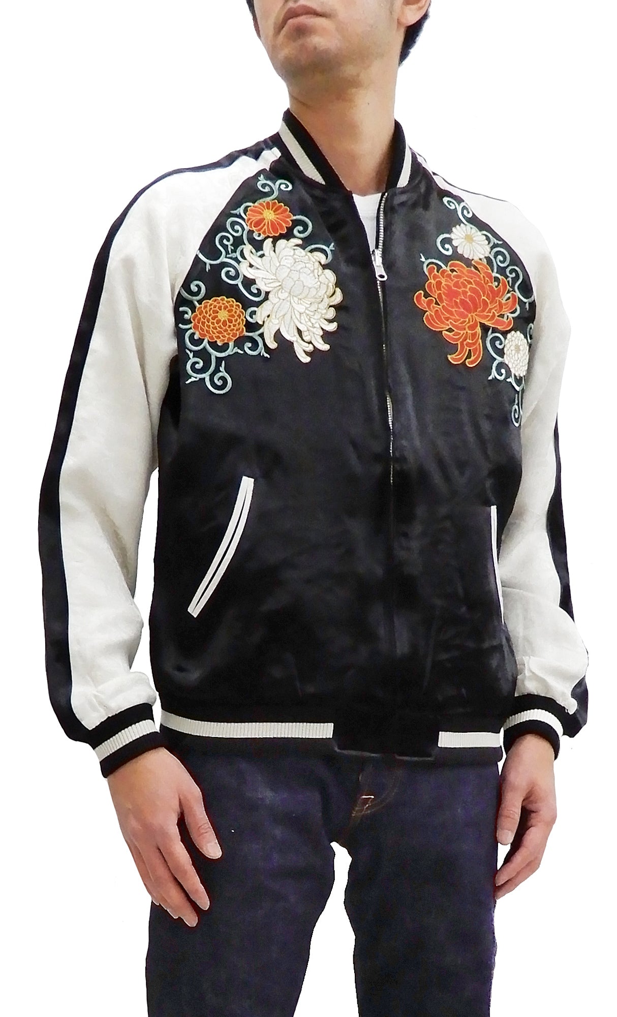 Japanese Souvenir Jacket for Men - Black/Off White Chrysanthemum Sukajan Bomber Jacket | Vintage-Inspired Asian Streetwear | Perfect for Casual Outfits, Cosplay & Festival Fashion