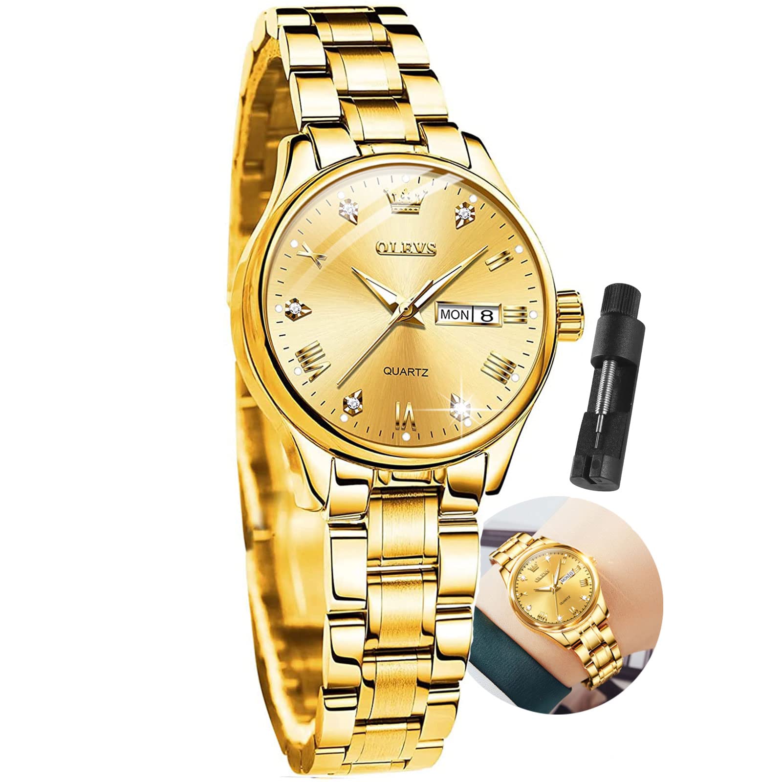 OLEVS Luxury Women's Watches - Gold Stainless Steel Watch with Day & Date, Small Wrist Roman Numeral Dial, Waterproof & Adjustable Strap - Perfect for Office, Party & Everyday Wear