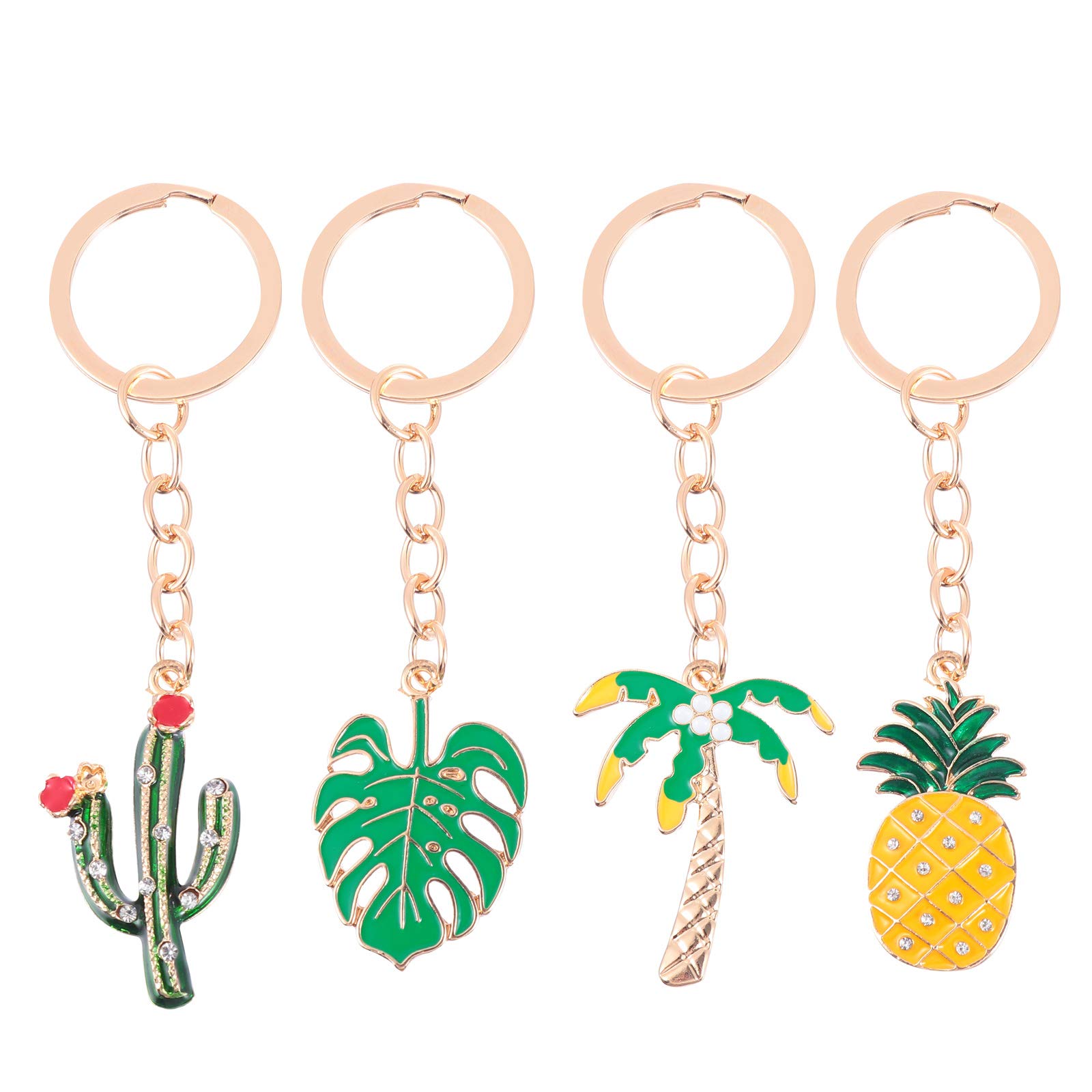 PRETYZOOM 4pcs Tropical Keychain Set - Monstera Leaf, Cactus & Succulent Keyrings with Fruit Pendants | Durable Alloy Hawaiian Gifts for Women | Perfect for Luau Parties, Glitter Purses, Backpack Accessories & Jewelry Organization