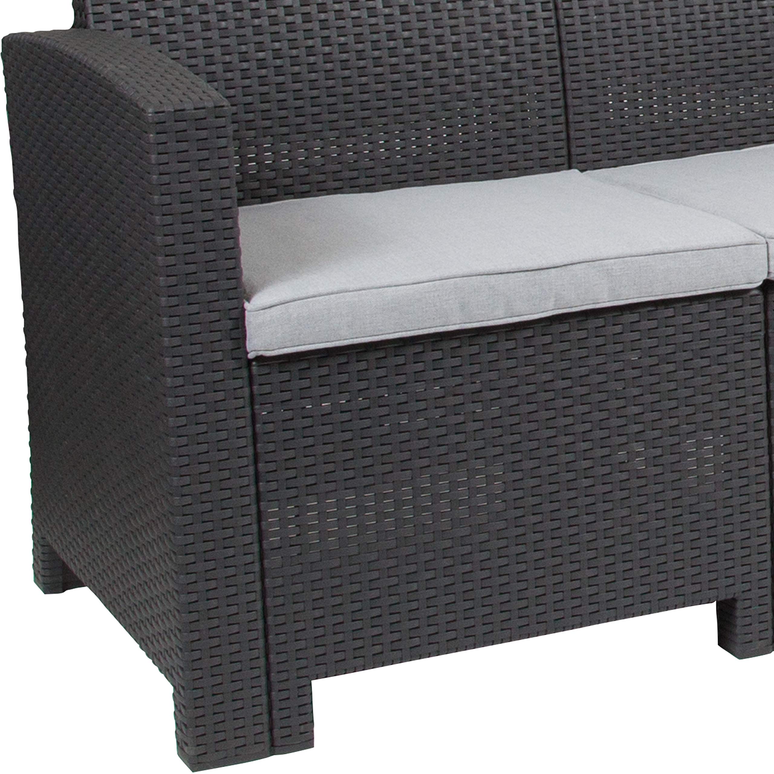 Dark Gray Faux Rattan Sofa with Light Gray Cushions - Modern Wicker Patio Furniture for Outdoor Living Room, Garden, Balcony & Porch