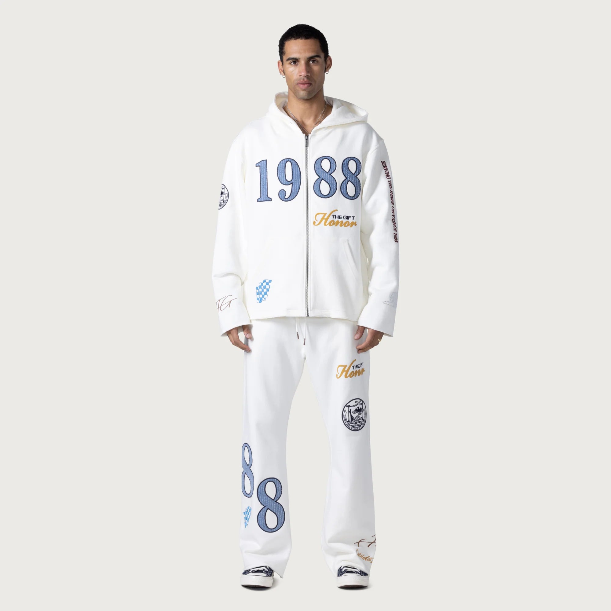 Honor the Gift 1988 Full Zip Hoodie & Joggers Set - White | Vintage Streetwear for Men & Women | Perfect for Casual Outfits, Gym, and Lounge Wear