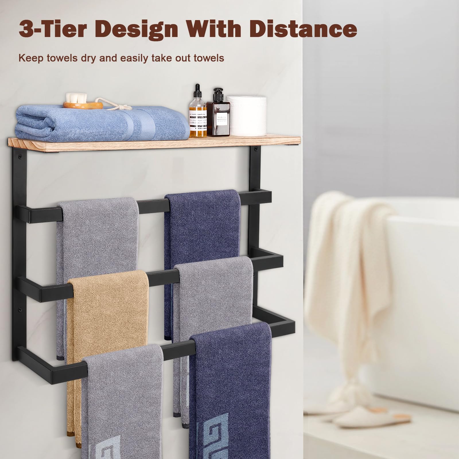 NearMoon 24 Inch Matte Black Hanging Towel Rack - 3-Tier Thick Metal Wall Mounted Towel Holder with Wood Shelf - Bathroom Storage Organizer for Towels, Robes & Bath Accessories - Perfect for Small Spaces & Spa-Style Decor