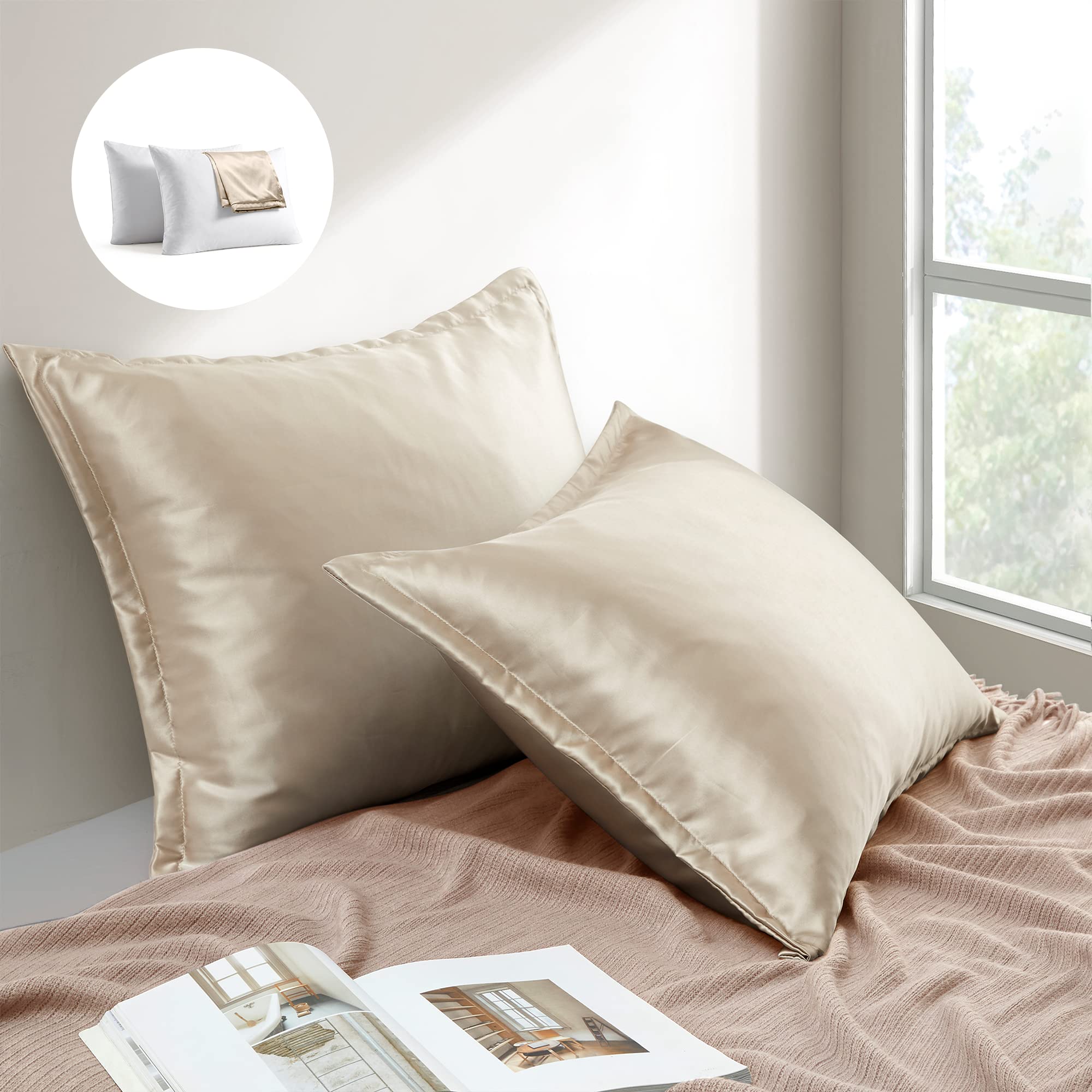 Puredown Goose Down Pillows Set of 2 - Queen Size with Satin Pillowcases for Hotel Luxury Sleep